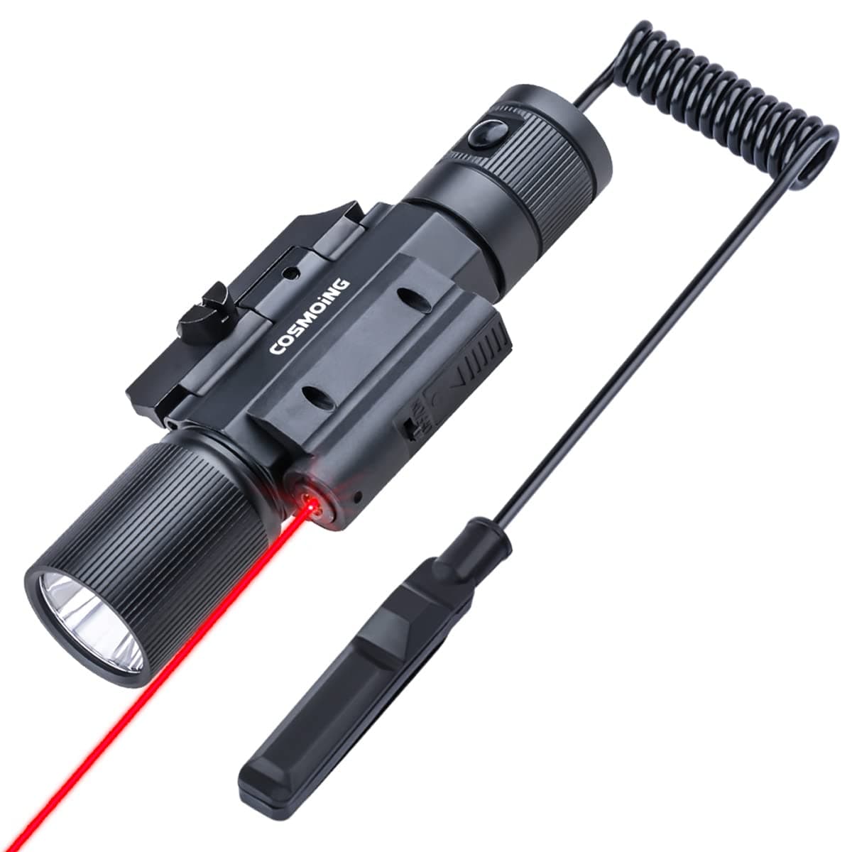 Red Laser Sight Combo, 800 Lumens Tactical Long Gun Flashlight 4 Modes Rail Mounted with Remote Pressure Switch