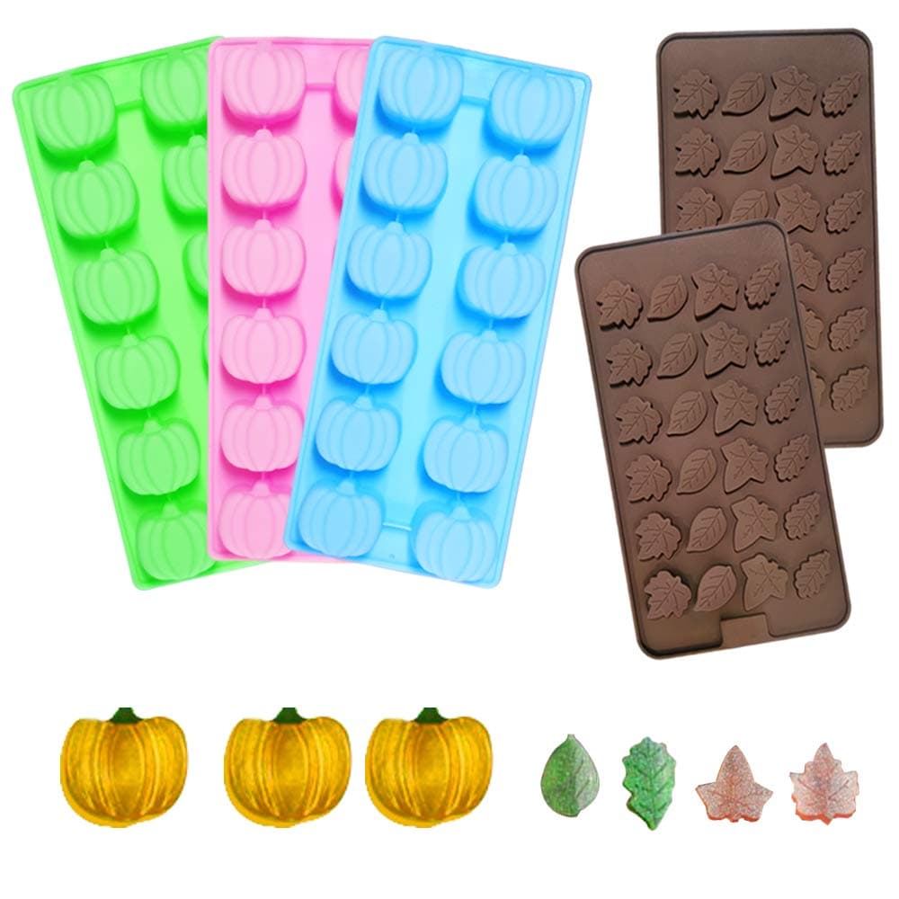 Chocolate Silicone Mold, AFUNTA 3 Pcs 12-Cavity Pumpkin Candy Mold and 2 Pcs 24-Cavity Mini Leaf Shape Mold for Making Halloween Thanksgiving Candy,Gummy, Ice, Jelly, Chocolate, Cake