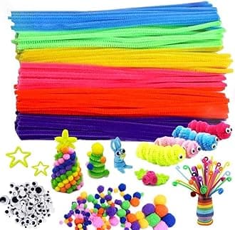 DEZIINE� 300Pcs Pipe Cleaners Craft Supplies, Including 100 Pcs Pipe Cleaners 100 Pcs Pom Poms Arts and Crafts 100 Pcs Wiggle Googly Eyes Self Adhesive, Arts and Crafts Supplies for Kids (PIPE CLEANER + GOOGLY EYES + POMPOM BALL)