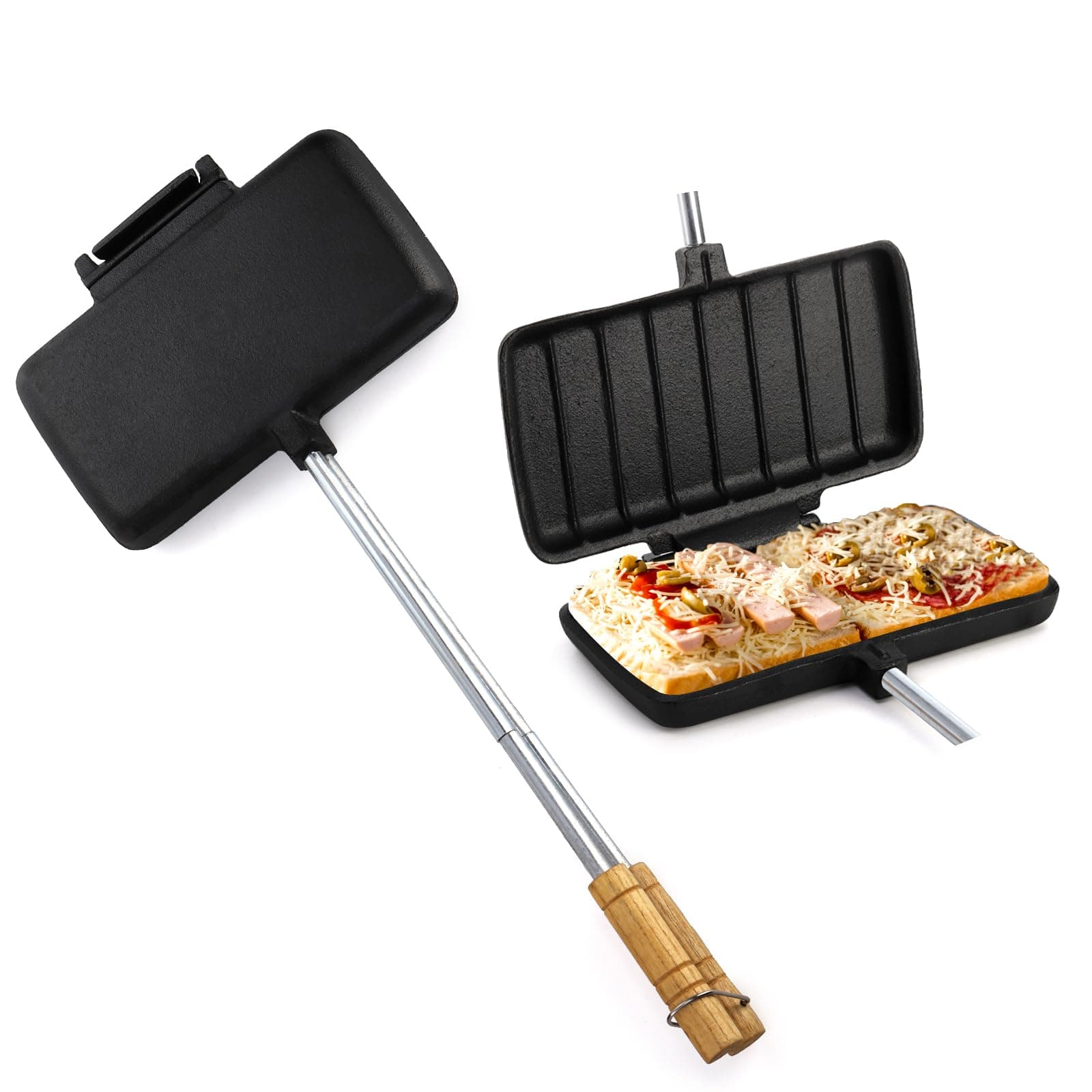 Coloch Double Pie Iron Sandwich Maker, Cast Iron Campfire Sandwich Maker with Long Handle Handheld Pie Maker Portable Campfire Cooking Equipment for Camping, Sandwich, Pie Making
