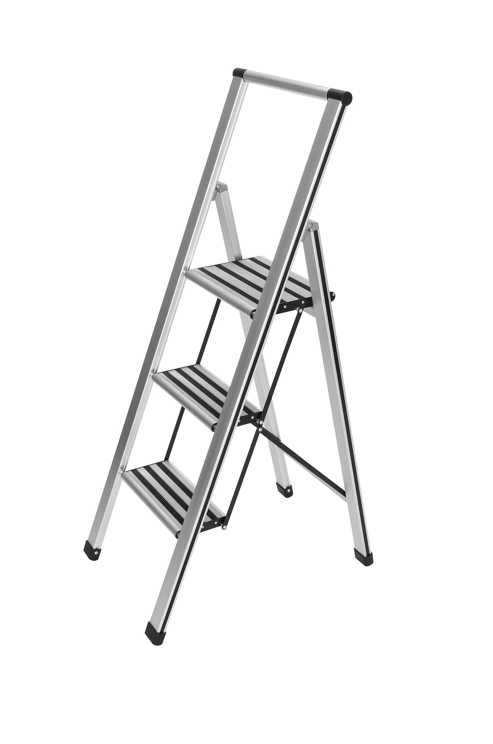 WENKO Compact 3-Step Stepladder, Aluminium, Lightweight, Anti-Slip Steps, Sturdy & Safe, Folds Away for Storage, 44x127x5.5cm, Silver Matt