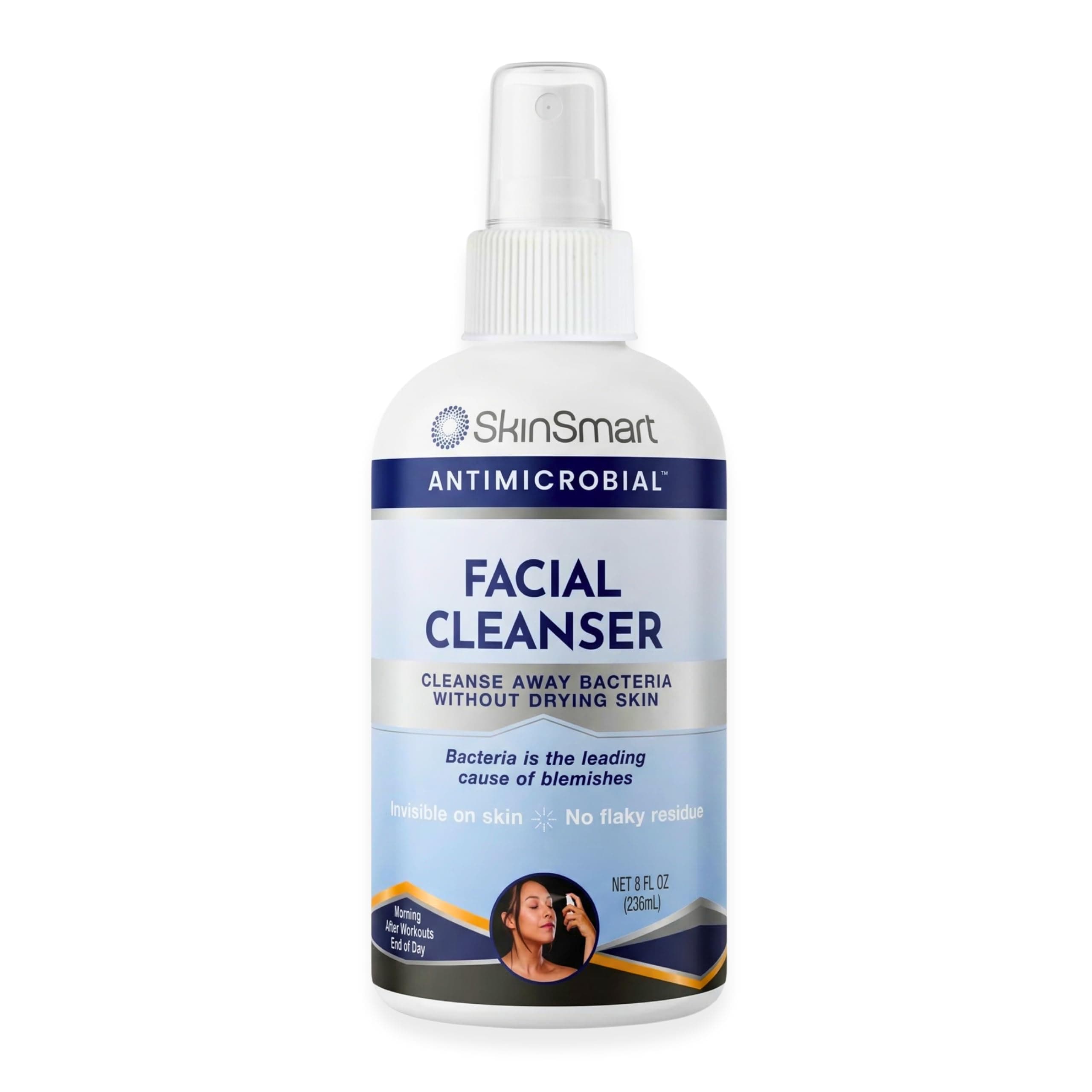 SkinSmart Facial Cleanser for Acne, Targets Bacteria for Active Teenage Athletes Post Workout and Adult Acne, 8 oz Spray Bottle, Safe for Multiple Daily Uses