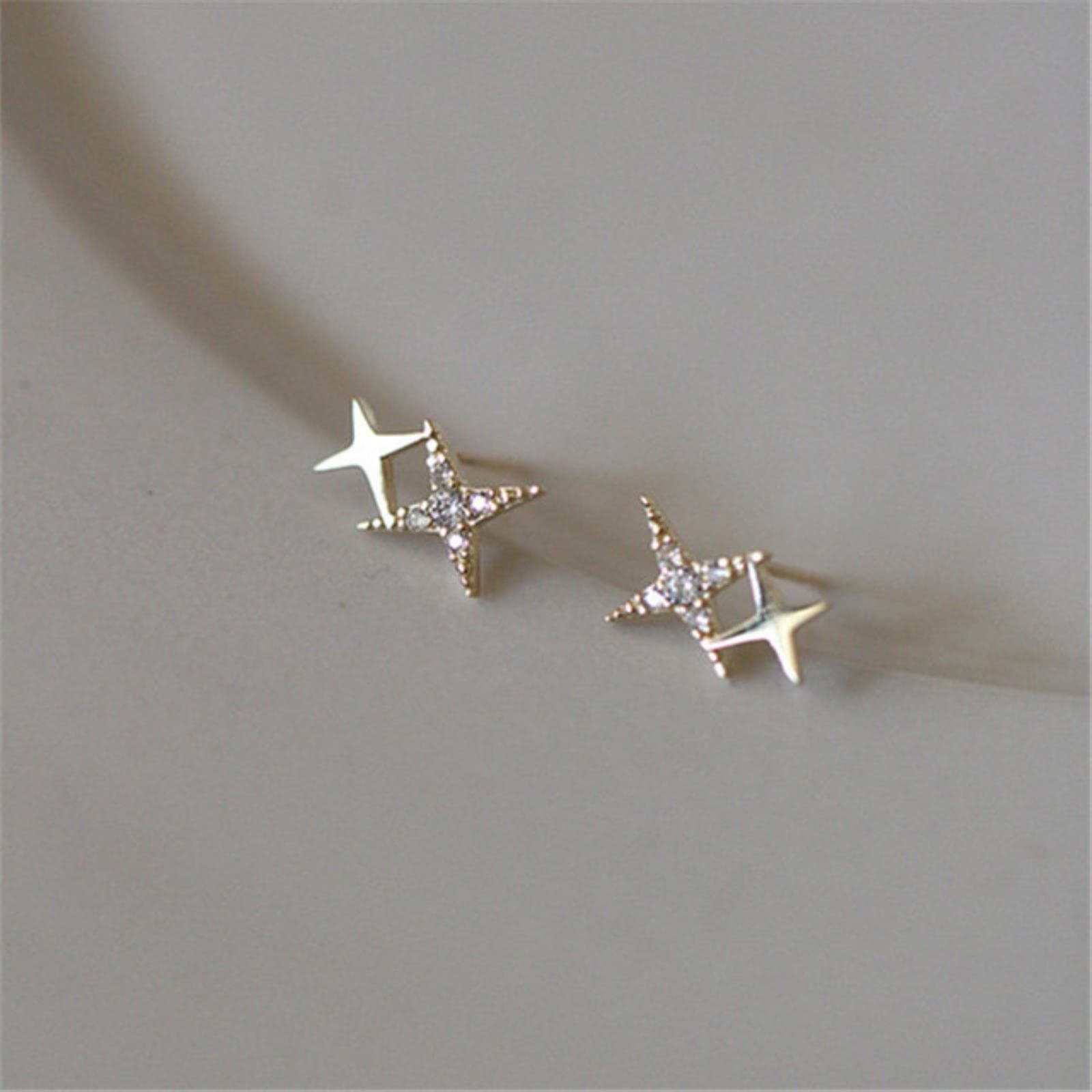JUANJUAN925 Sterling Silver Korean Version Simple Four-pointed Star Stud Earrings Women Crystal Light Luxury 14k Gold Jewelry Gift