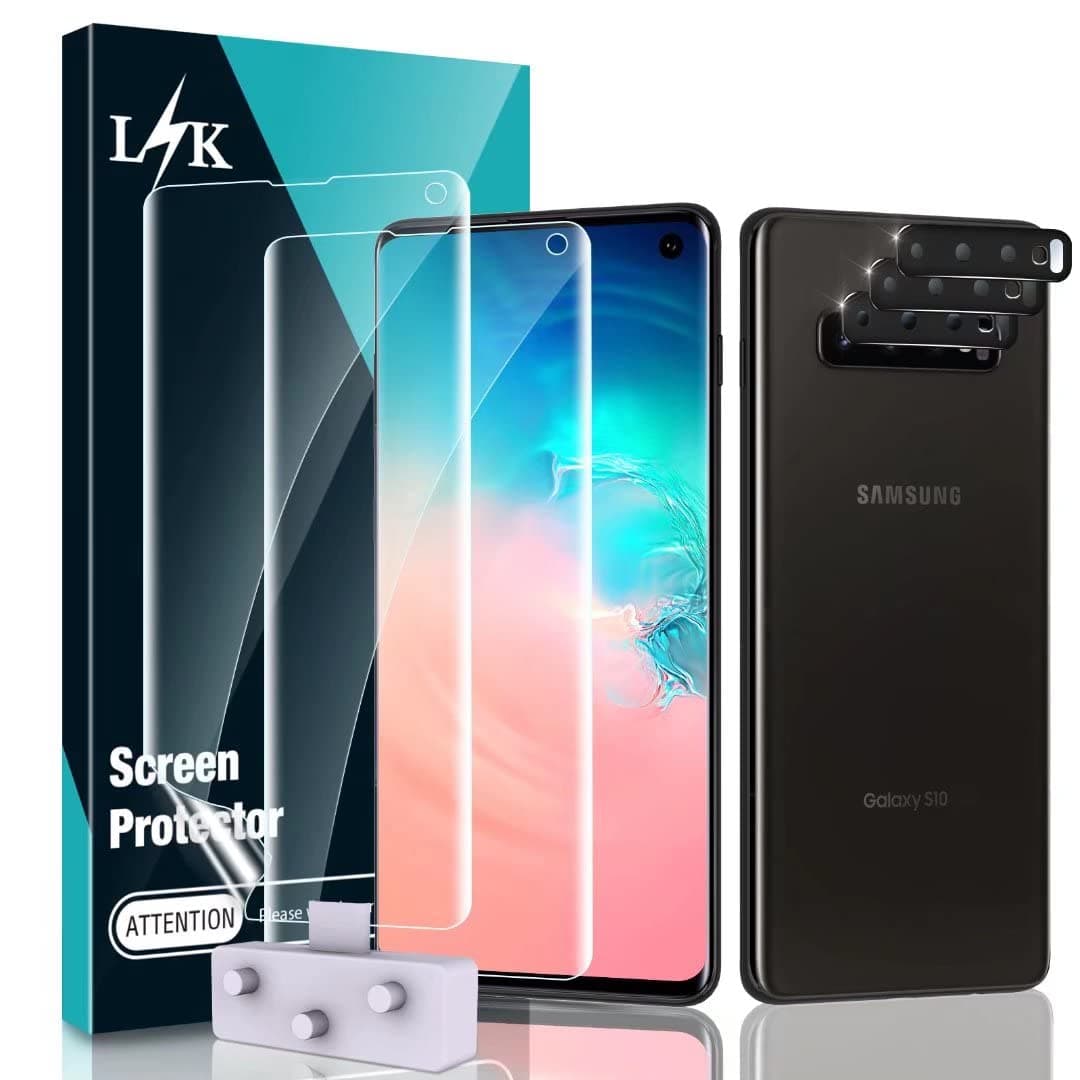 [2+3 Pack] LϟK Designed for Samsung Galaxy S10, 2 Pcs Flexible TPU Screen Protector + 3 Pcs Camera Lens Protector, [Fingerprint Support] Locate Tool Precise Alignment, Only for Galaxy S10