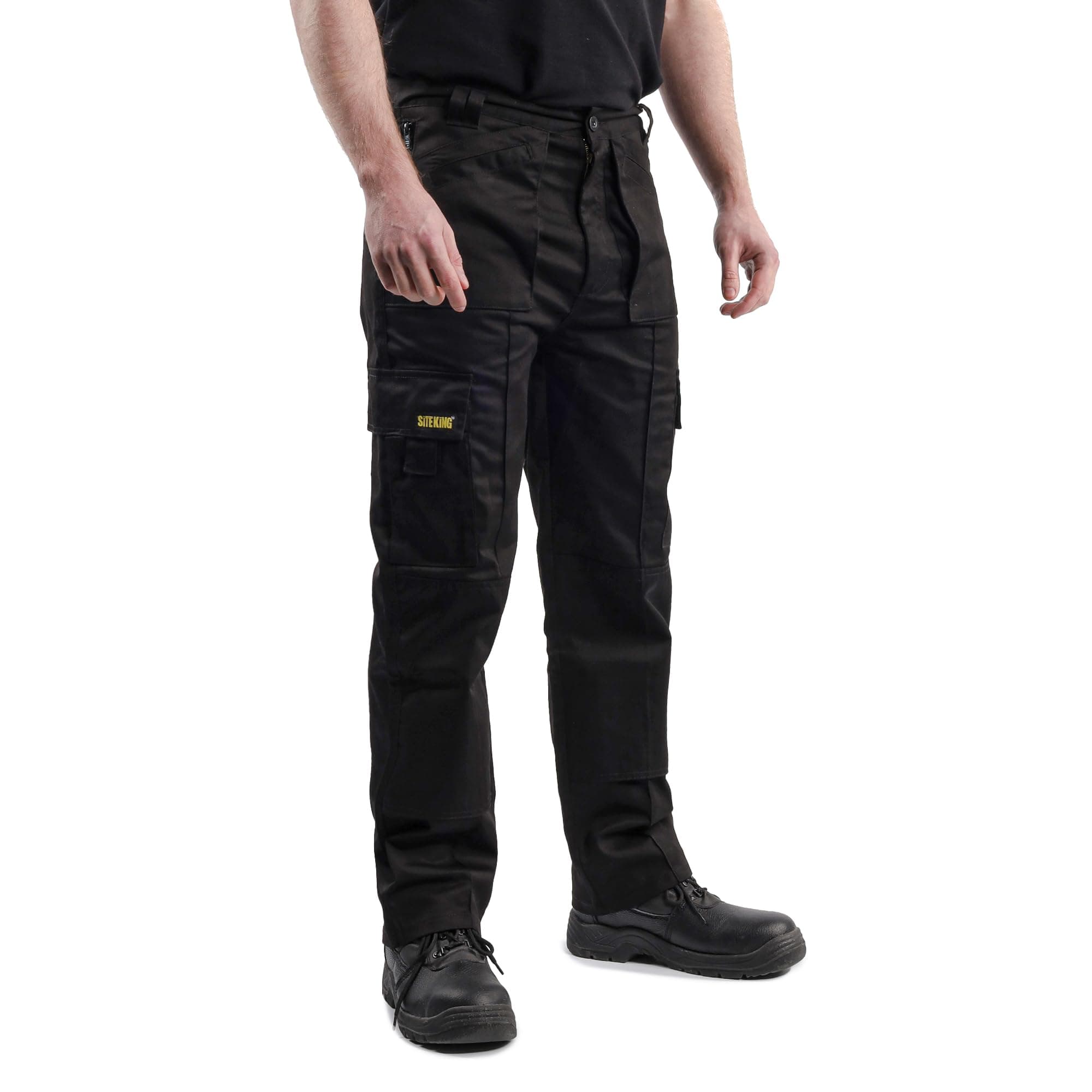 SITE KING Mens Multi Pocket Cargo Combat Work Trousers Size 28 to 52 with Knee Pad Pockets, Black Cargo Trousers for Men UK, Utility Work Trousers Men.