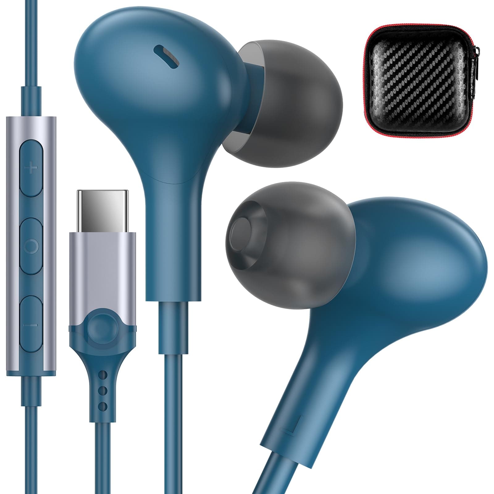 USB C Earbuds Wired Headphones for Apple iPhone 16 Plus 15 Pro Max 16e iPad Small Ear Bud Corded Type C Earphone with Microphone for Samsung Galaxy S25 S24 S23 Ultra S22 Google Pixel 9 8 7 Lake Blue