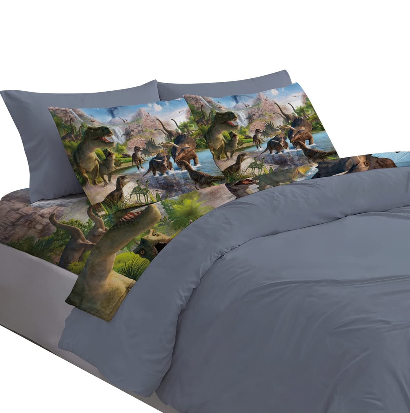 DXH 4Pcs Dinosaurs Bed Sheets Set Queen for Boys 3D Realistic Dinosaur Green Fitted Sheets Set Ancient Dinosaur Theme Kids/Adults/Teens Bedroom Bedding Sheet Set,Queen Size