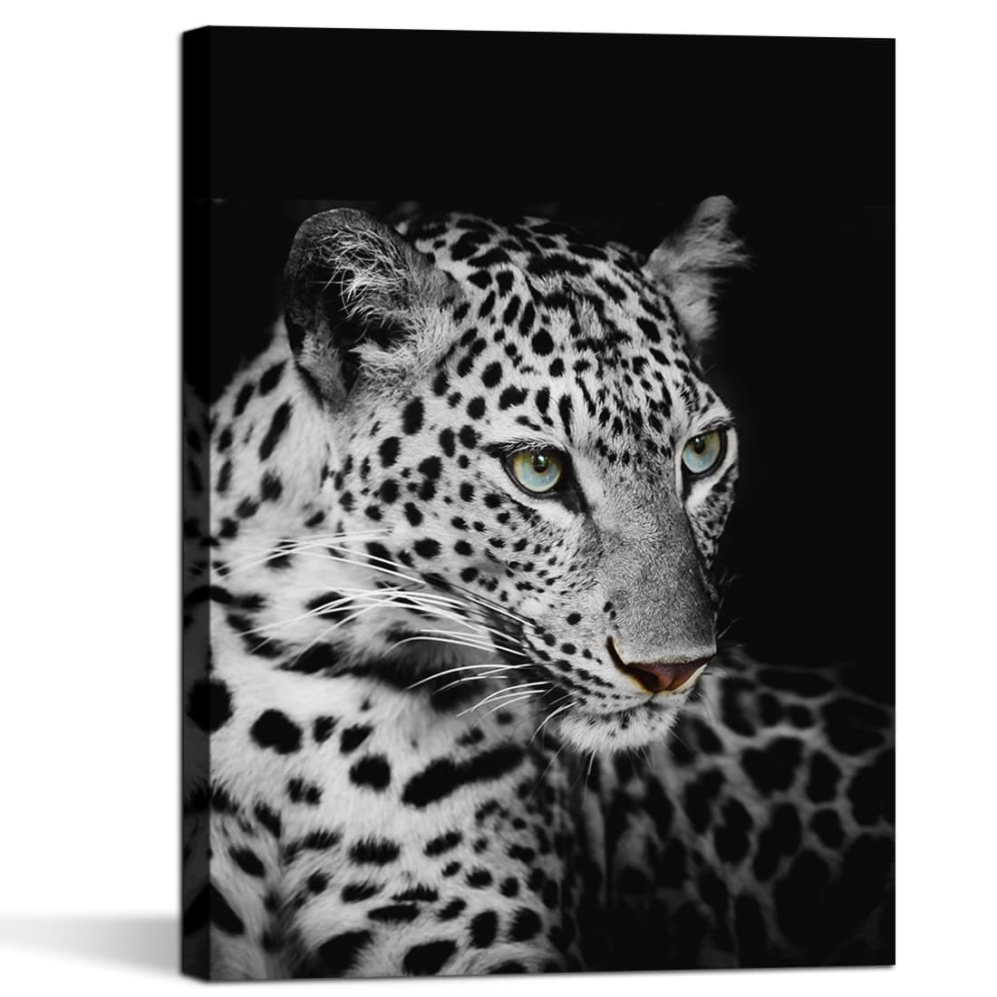 Black and White Leopard Wall Art Paintings Blue Eyed Leopard Prints on Canvas Wild Animals Pictures Poster Giclee Framed Artwork for Living Room Office, Modern Home Wall Decor, 12" x 16" x 1Panle