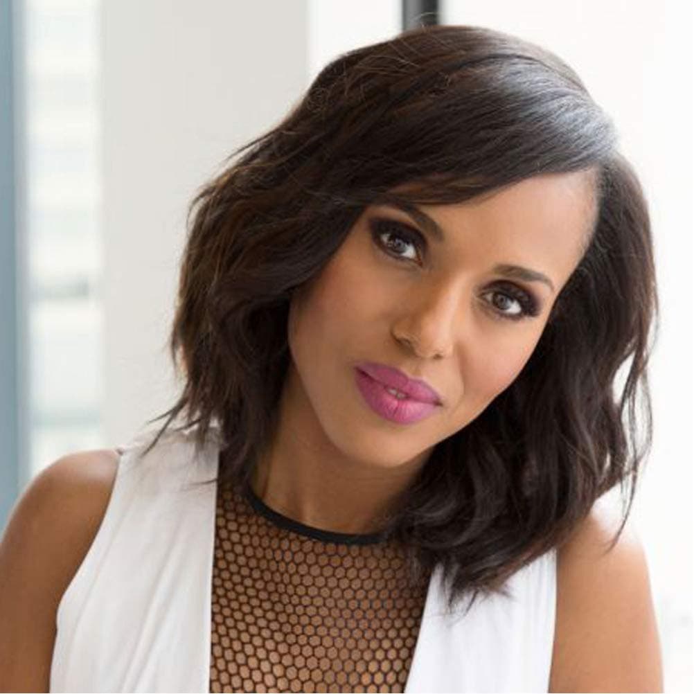 Natural Looking Short Wavy Wigs With Side Bangs for Black Women Realistic Synthetic Shoulder Length Curly Wigs With layers Fringe For Daily Use Wig 14 inches(Dark Brown-#2)