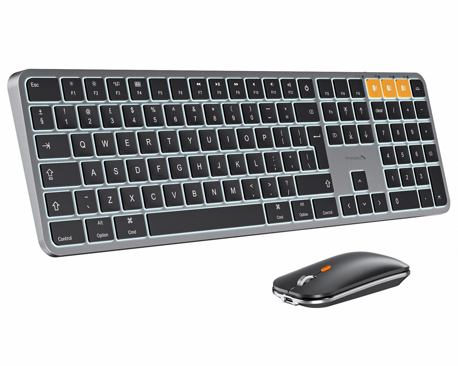 ProtoArc Backlit Bluetooth Keyboard and Mouse for Mac, KM100-A Full Size Wireless Keyboard Mouse for Mac, Multi-Device Rechargeable for MacBook Pro/Air, iPhone, iPad, Space Gray