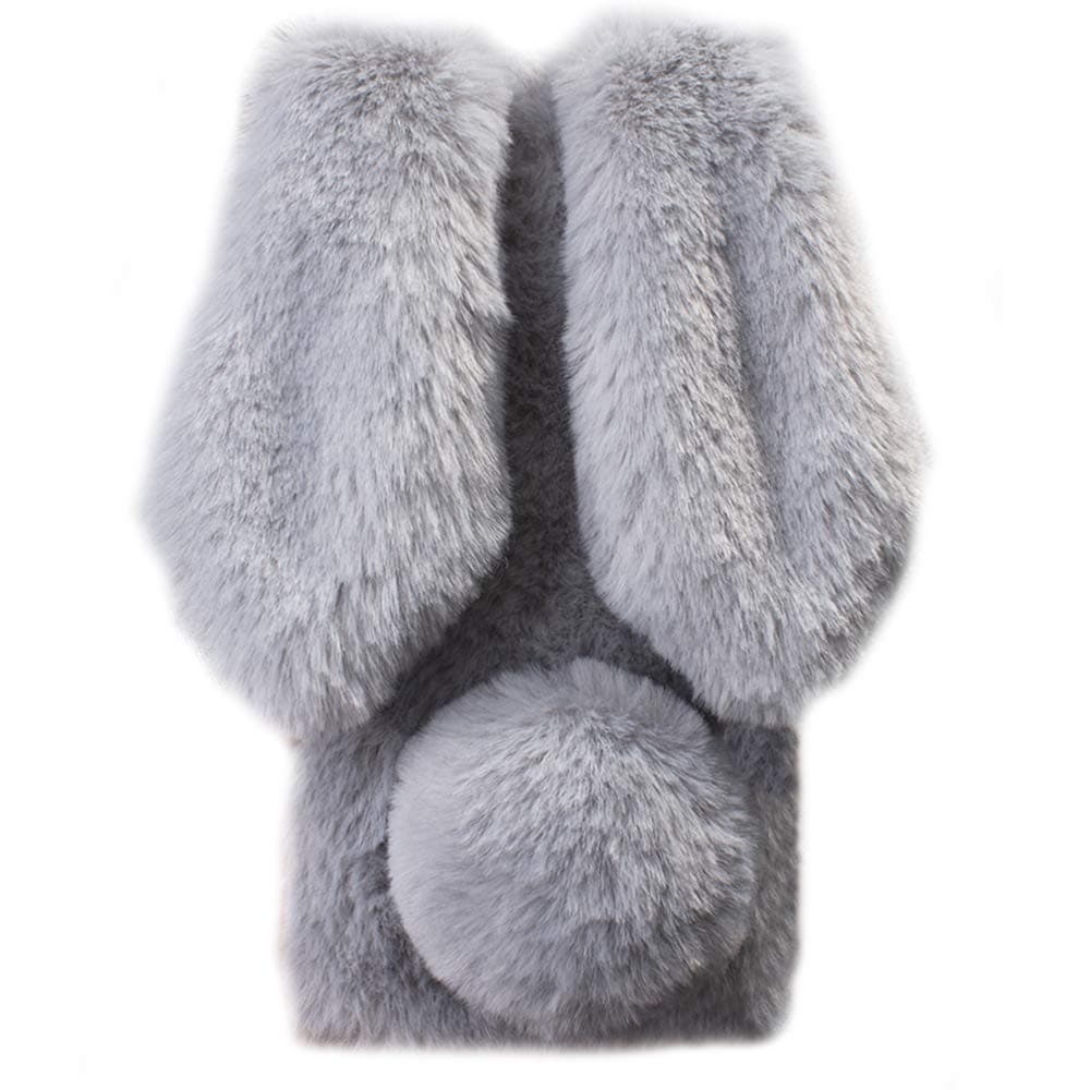 HongHushop Cute Rabbit Case Plush Cover for iPhone XR Case Super Soft Warm Fluffy Furry Bunny Ears Shockproof Back Case Cover Chic Bling Crystal Diamond Bowknot Case -Light grey