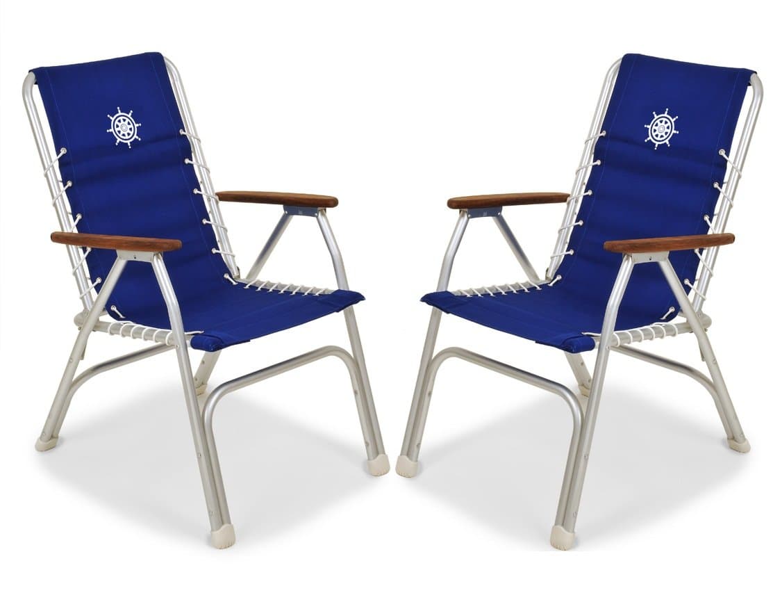 Forma Marine Boat Chairs High Back Blue Deck Folding Marine Aluminum Teak Furniture Set of 2 M150B