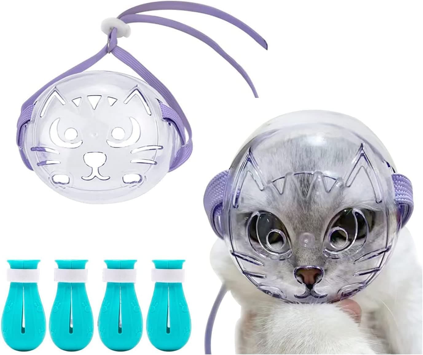 Azonee Cat Muzzle for Grooming With Adjustable Hood, Breathable Anti-Bite Air Muzzles, Claw Covers, Silicone Anti-Scratch Boots, Paw Protector for Bathing