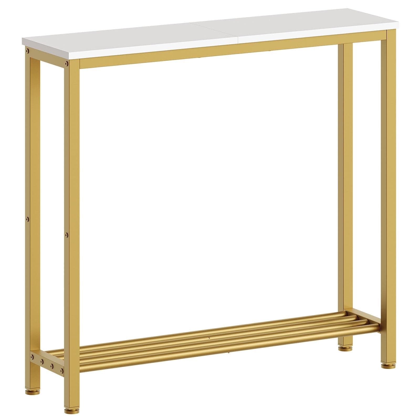 Narrow Console Table, 2-Tier Small Sofa Table, 29.5" Thin Entryway Behind Couch Table with Shelves, Industrial Hallway Table, for Living Room, Foyer, White and Gold CT03DW