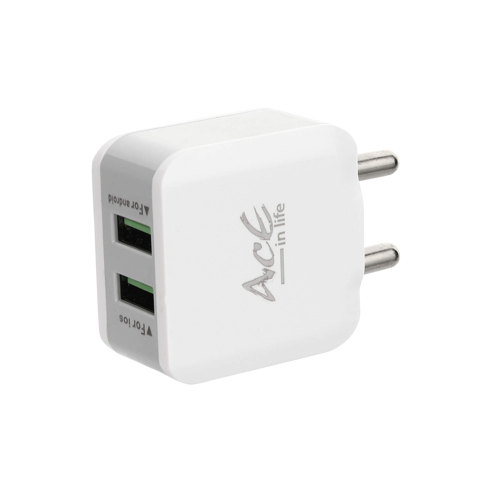 AcE Dual Socket 2.4 Amp Turbo Charger with USB Cable - White