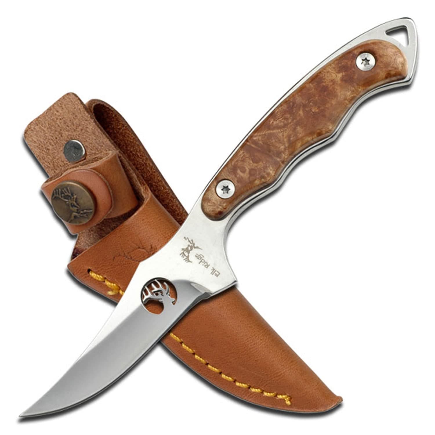 ER-059 Series Fixed Blade Hunting Knife, Straight Edge Blade, Wood Handle, 7-Inch Length