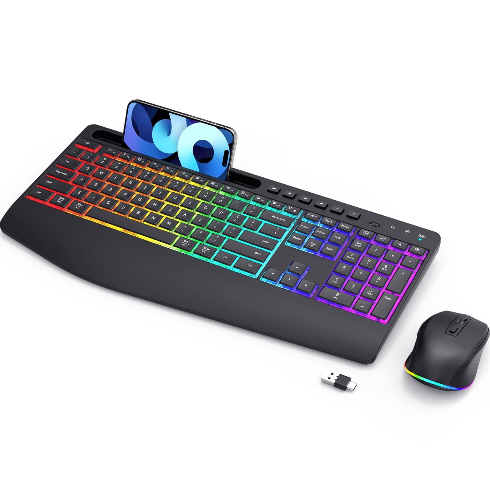 LIZRROT Wireless Keyboard and Mouse Combo - Dual System Gaming RGB Backlit Mouse and Keyboard,2.4G Rechargeable,Full-Sized Ergonomic Silent Design with Phone Holder for Windows Mac PC Laptop