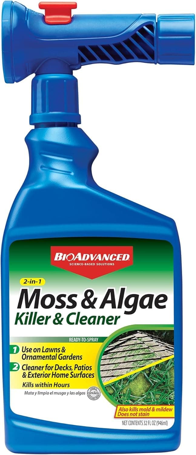 BioAdvanced 2-in-1 Moss and Algae Killer for Lawns, Moss Killer for Roofs, Patios, Decks, and Deck Cleaner, 32 oz