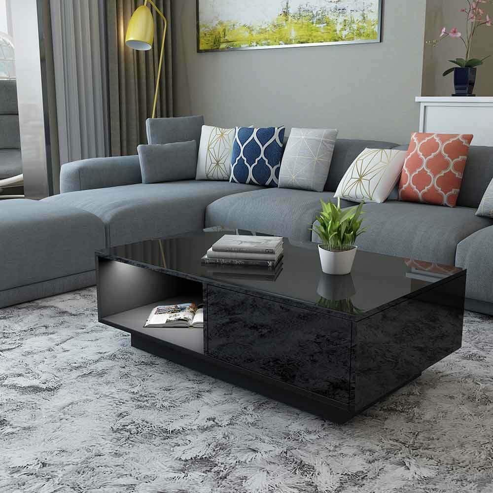 High Gloss White Rectangle Coffee Table, LED Light Modern Side/End/Sofa Table with shelf and 1 drawer, Living Room Home Office Furniture White