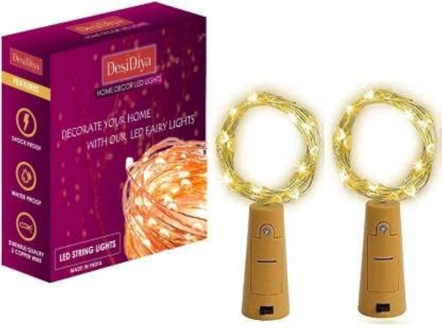 Desidiya® Bottle Lights with Cork, Mini Copper Wire, 24 LED Battery Operated String Decorative 200cm Fairy Light DIY Festive Decor for Diwali Wedding Party Decoration - Pack of 2 (Warm White)