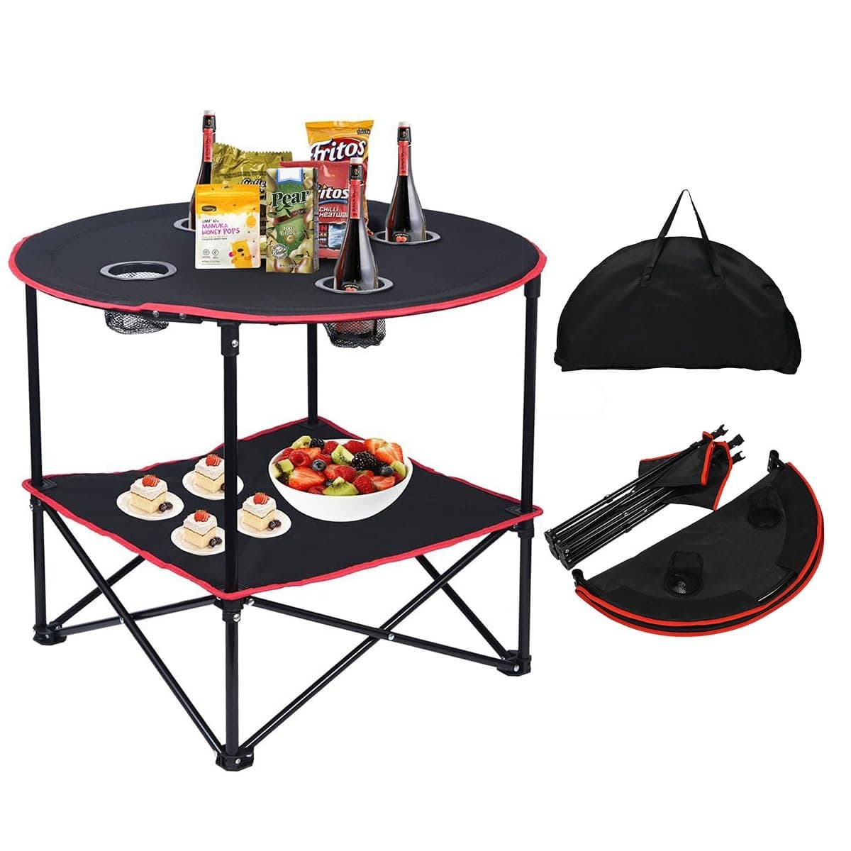 Round Portable Camping Table(72.8×50.8×61.9cm) with Carrying Bag & 4 Cup Holders - Lightweight Folding Picnic Table for Camping, Hiking, Tailgating