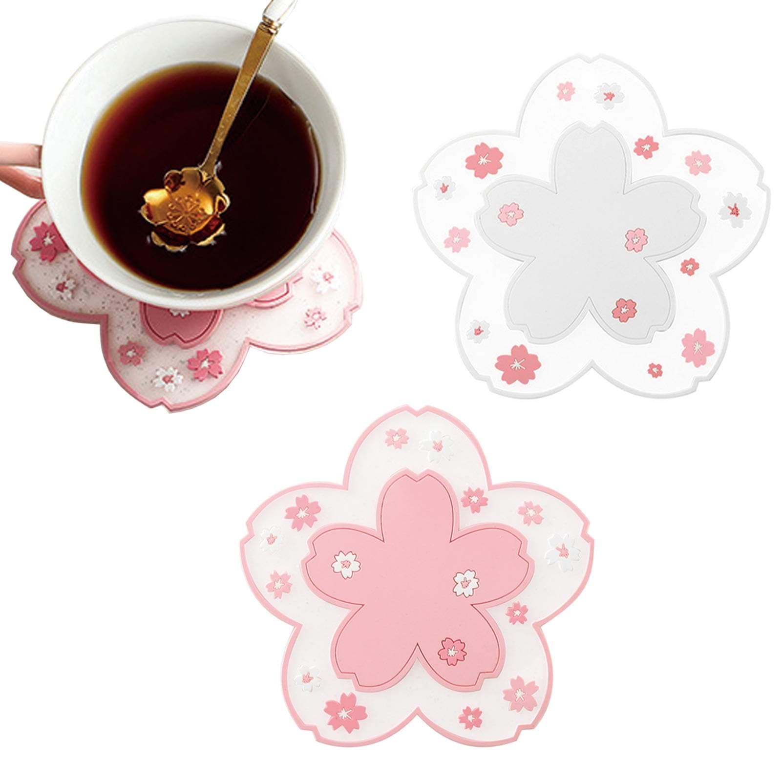 2 Pcs Silicone Coaster Cup Mat Cute Flower Coasters Non Slip Silicone Drink Cup Mat for Drinks PVC Tabletop Protection Mat Bowl Mat Heat Insulation Placemat (Large)