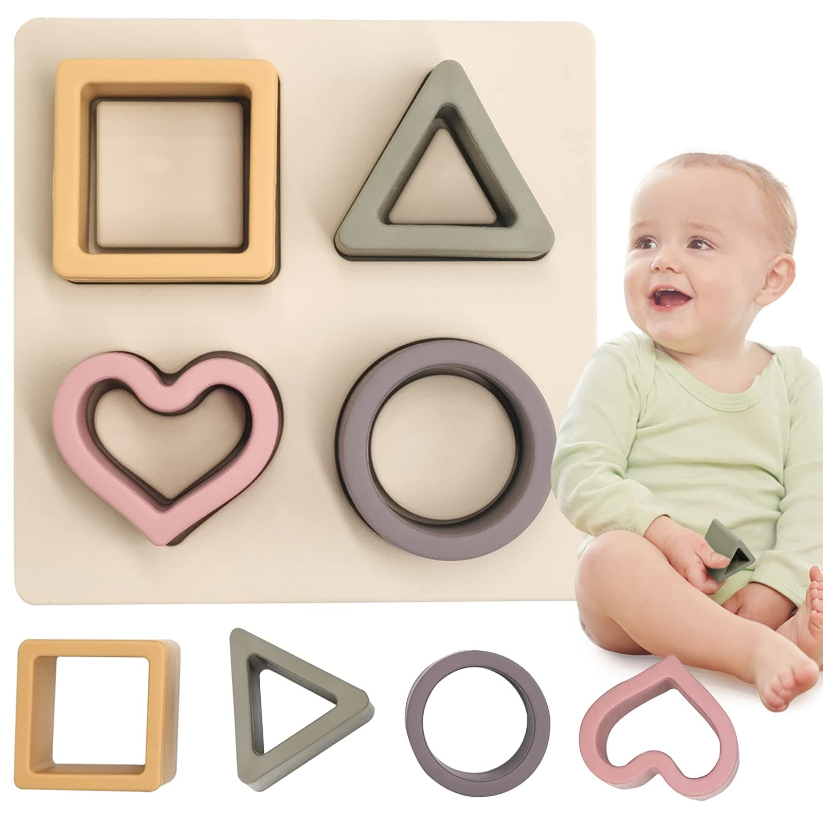 Baby Soft Nesting Sorting Stacking Toys Silicone Teething Blocks Shapes Recognition Learning Development Toys for Toddler 3+ Months(Beige)