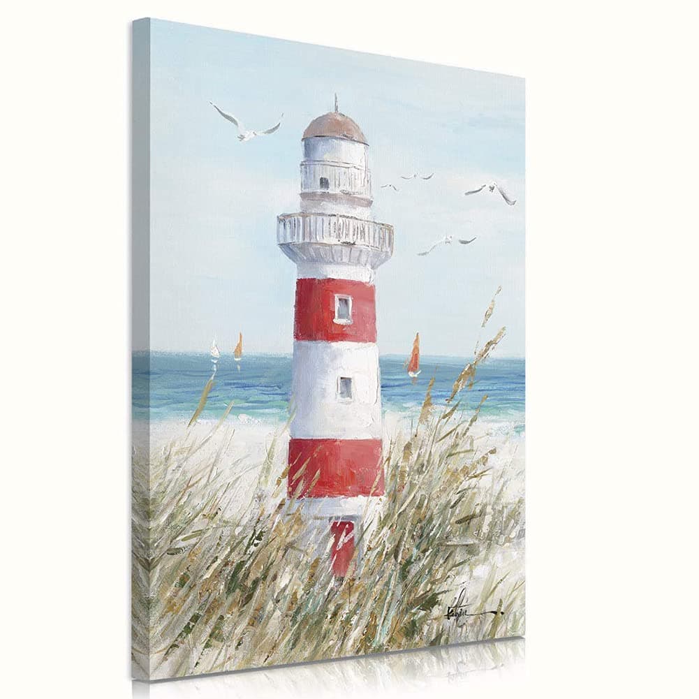 Beach Decor Lighthouse Wall Art: Seagull Decor Ocean Canvas Prints Sea birds Paintings Sailboats Pictures Teal Seascape Decorations for Home Living Room Office Easy to Hang 12" x 16" Framed