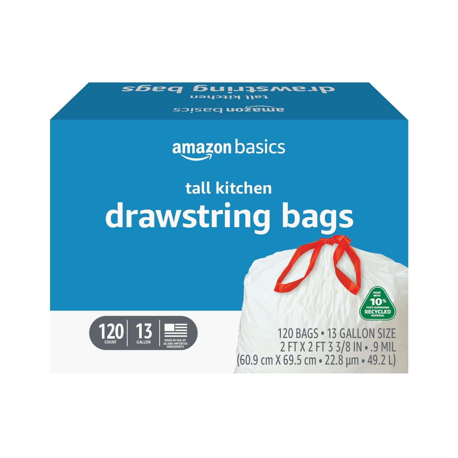 13 Gallon Tall Kitchen Drawstring Trash Bags, Unscented, 10% Post Consumer Recycled, 120 Count, White