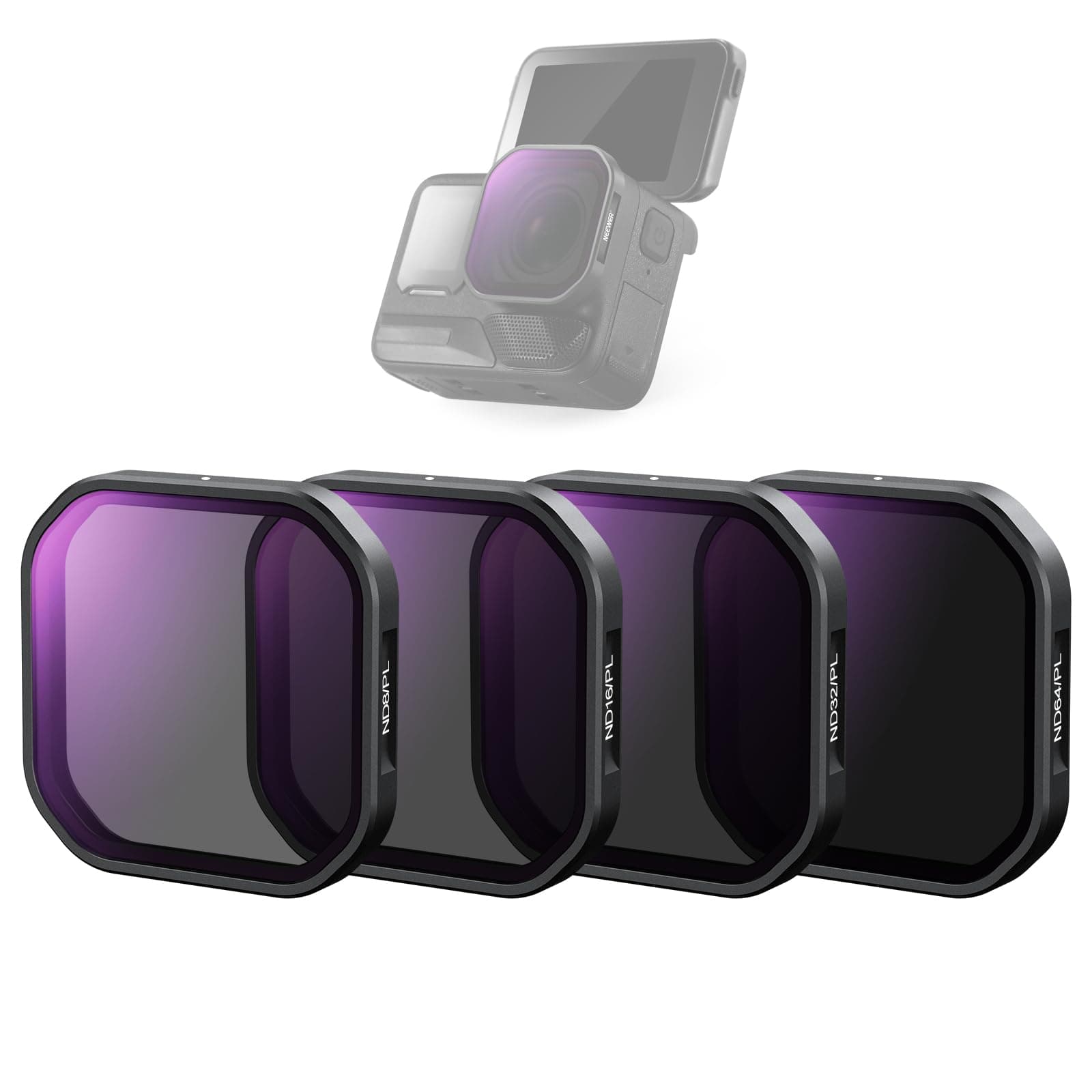 NEEWER 4 Pack ND/PL Filter Set Compatible with Insta360 Ace Pro 2, ND8/PL + ND16/PL + ND32/PL + ND64/PL Neutral Density Polarizer Polarizing Filter Kit Snap On Action Camera Accessories, FL91