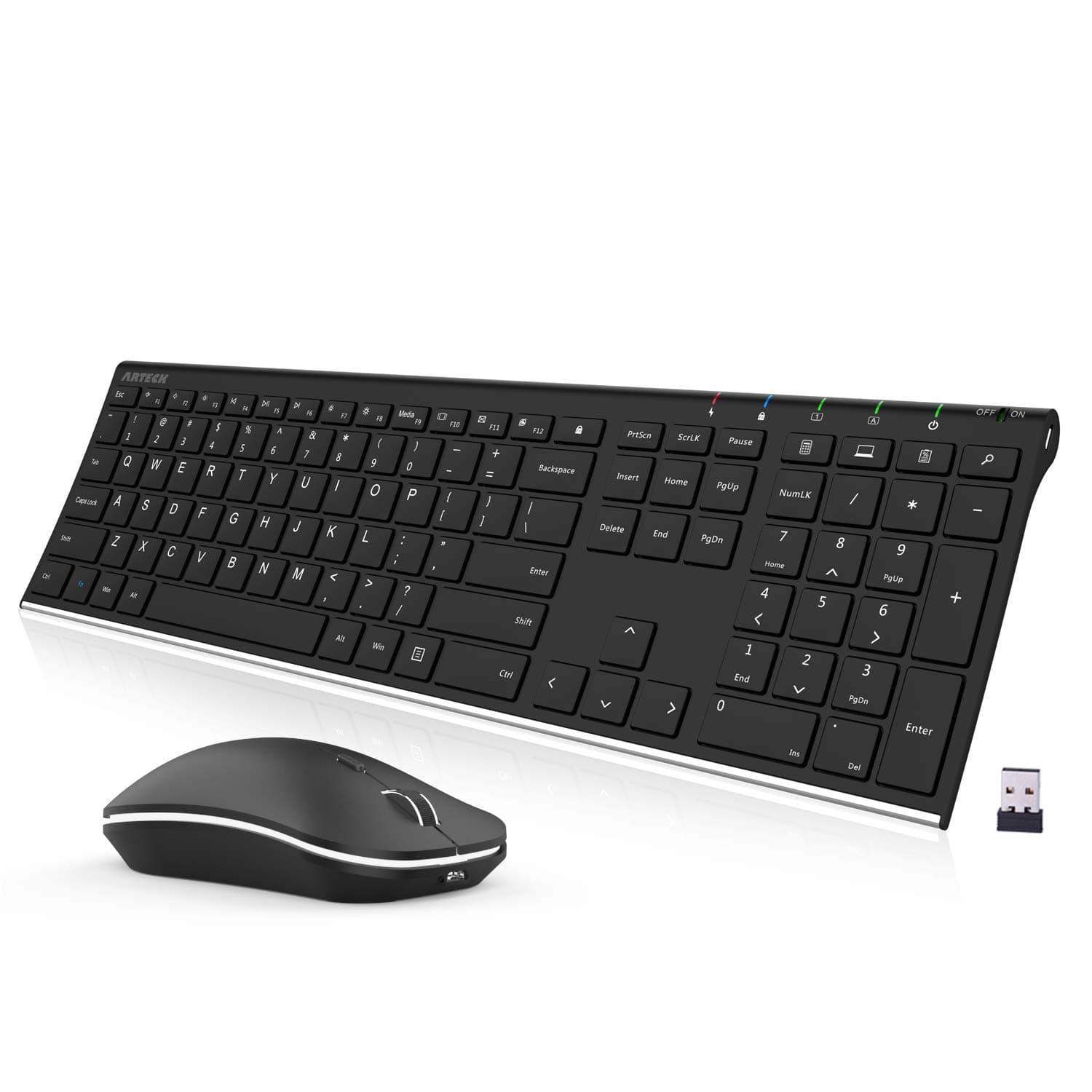 Arteck 2.4G USB Wireless Keyboard and Mouse Set Stainless Steel Ultra Slim Full Size Keyboard Keyboard and Ergonomic Mouse for Computer Desktop PC Laptop and Windows 10/8/7 (Black)
