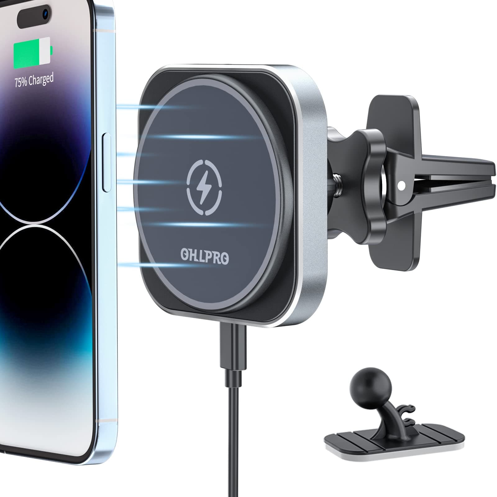 OHLPRO for MagSafe Car Mount Wireless iPhone Charger, Stick on Dashboard Magnetic Phone Holder,15W Fast Charging for iPhone 15/14/13/12/Pro/Pro Max/Plus, 360° Rotable Auto-Align Air Vent, Grey