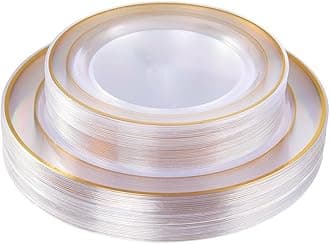 60 Pcs Clear Gold Plastic Plates, Gold Disposable Plates Includes: 30 Dinner Plate 10.25" and 30 Dessert Plate 7.5 ", Premium Clear Plate Prefect for Wedding and Gold Plates Party/Birthday