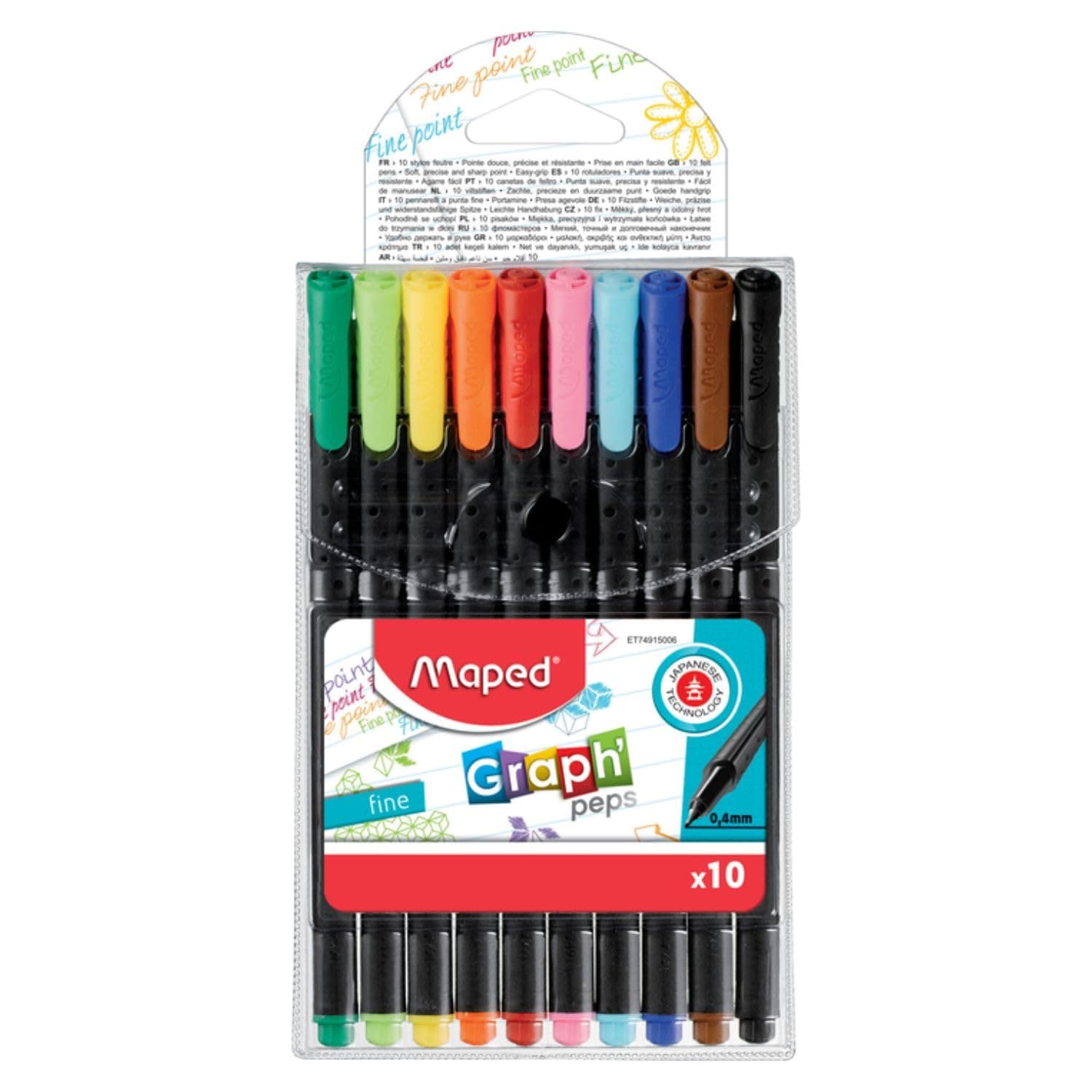 Graph'Peps Classic 0.4mm Fine Tip Pens - Art & Writing - Bright Colors & Ergonomic Design - Pack of 10