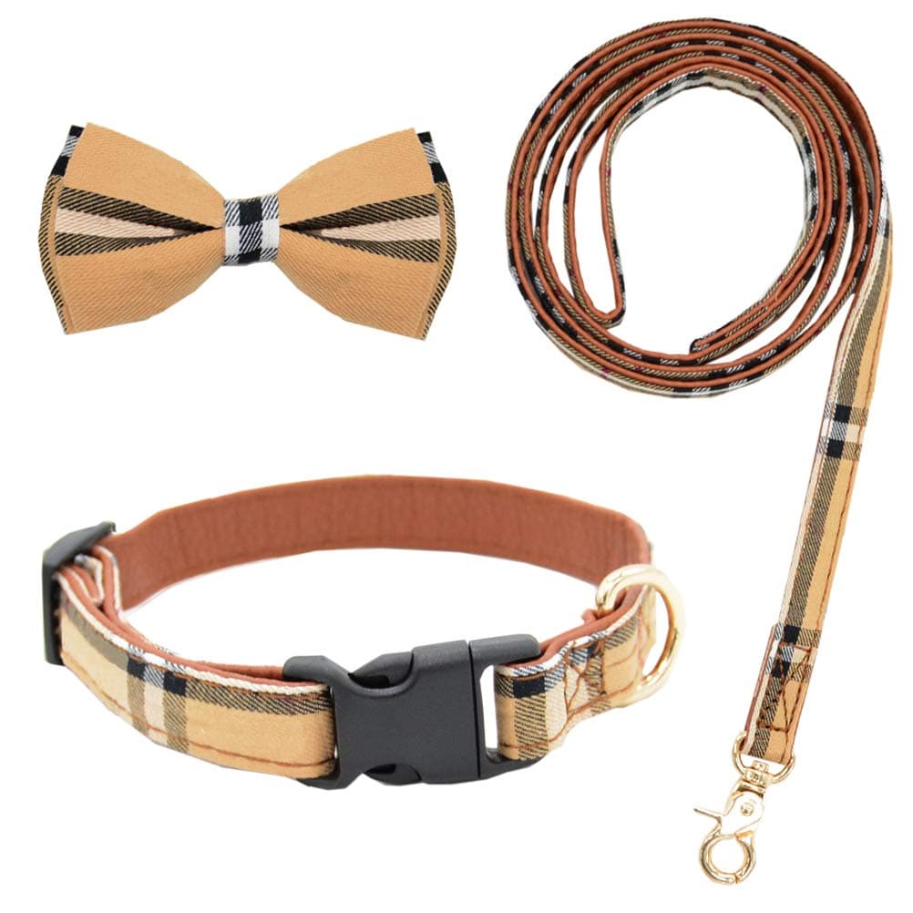 Bow Tie Dog Collar with Leash Set Classic Plaid Adjustable Dogs Collars with Removable Bow Tie for Small Medium Large Dogs