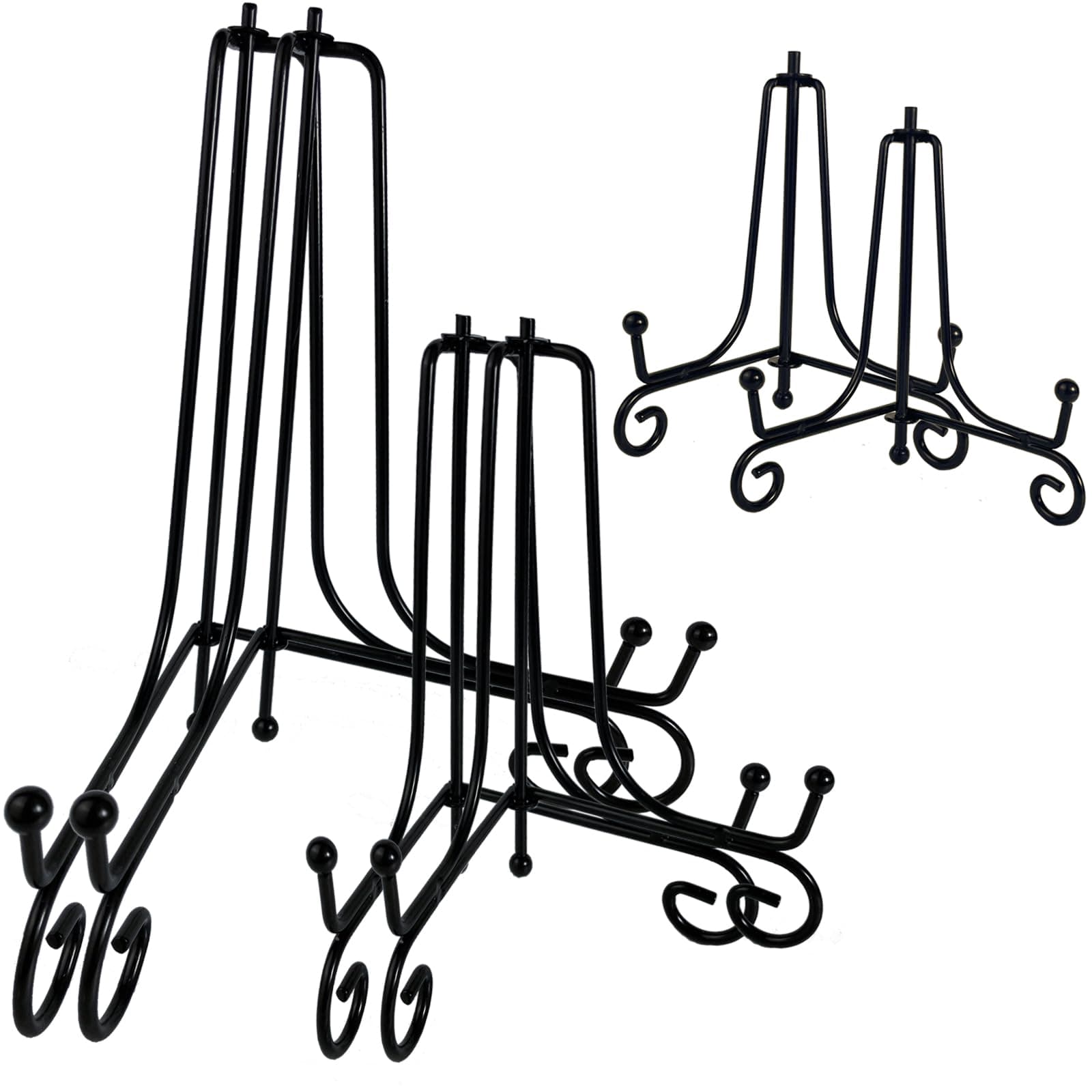 HENABLE 6PCS 3 Size Black Iron Plate Stands for Display - 4, 6, 8 Inch Decorative Metal Plate Holders - Mini Easel, Frame, Book, Card, Plaque, Bowl, Picture Display Stands