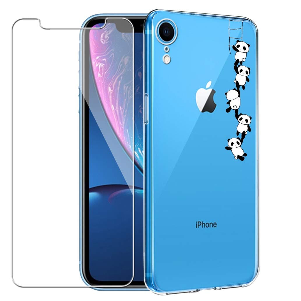 Yoowei Compatible for iPhone XR Case + Tempered Glass Screen Protector, Crystal Clear Soft Gel TPU Case Cute Cartoon Panda Pattern Protective Cover for iPhone XR 6.1 inch 2018