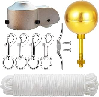 EKEV Flag Pole Repair Kits, 3" Topper Gold Ball + 50 Ft Halyard Rope + 6" Cleat Hook + 4 Flag Swivel Snap Hooks + Flagpole Pulley Truck for 2.5" OD tube