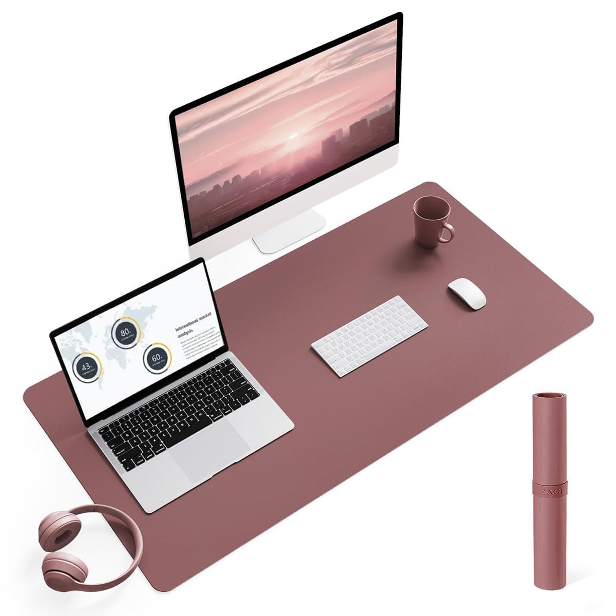 YSAGi Non-Slip Leather Desk Pad L Size, Waterproof Laptop Computer Desk Keyboard Mat, Table Protector Blotter Mat, Large Mouse Pad for Office/Work/Home/Decor(Dark Pink, 35.4" x 17")