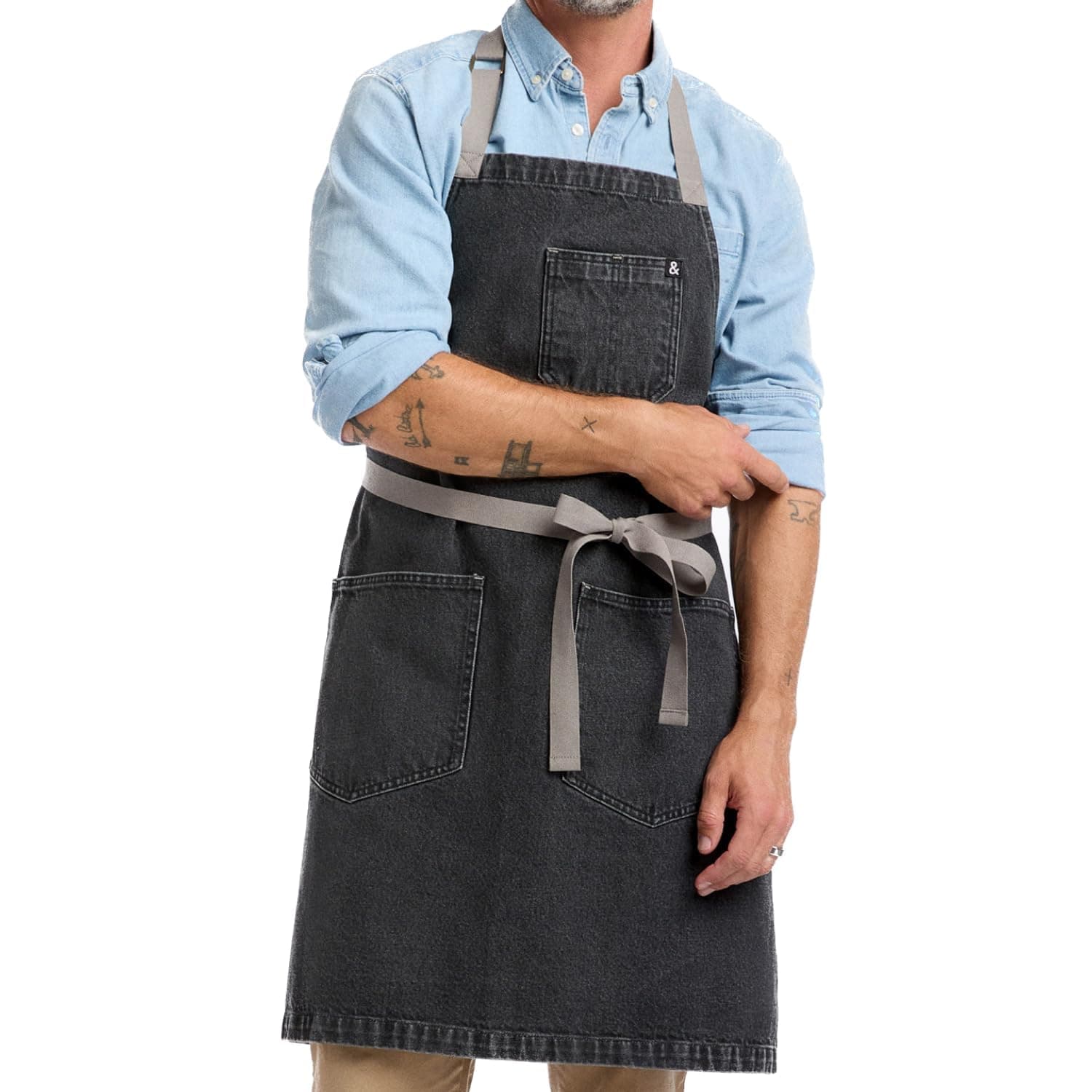 hedley & bennett Essential Apron - Heavy-Duty Denim Kitchen Apron with Pockets & Towel Loop - Professional Chef Workwear for Cooking & Grilling - Oyster Gray