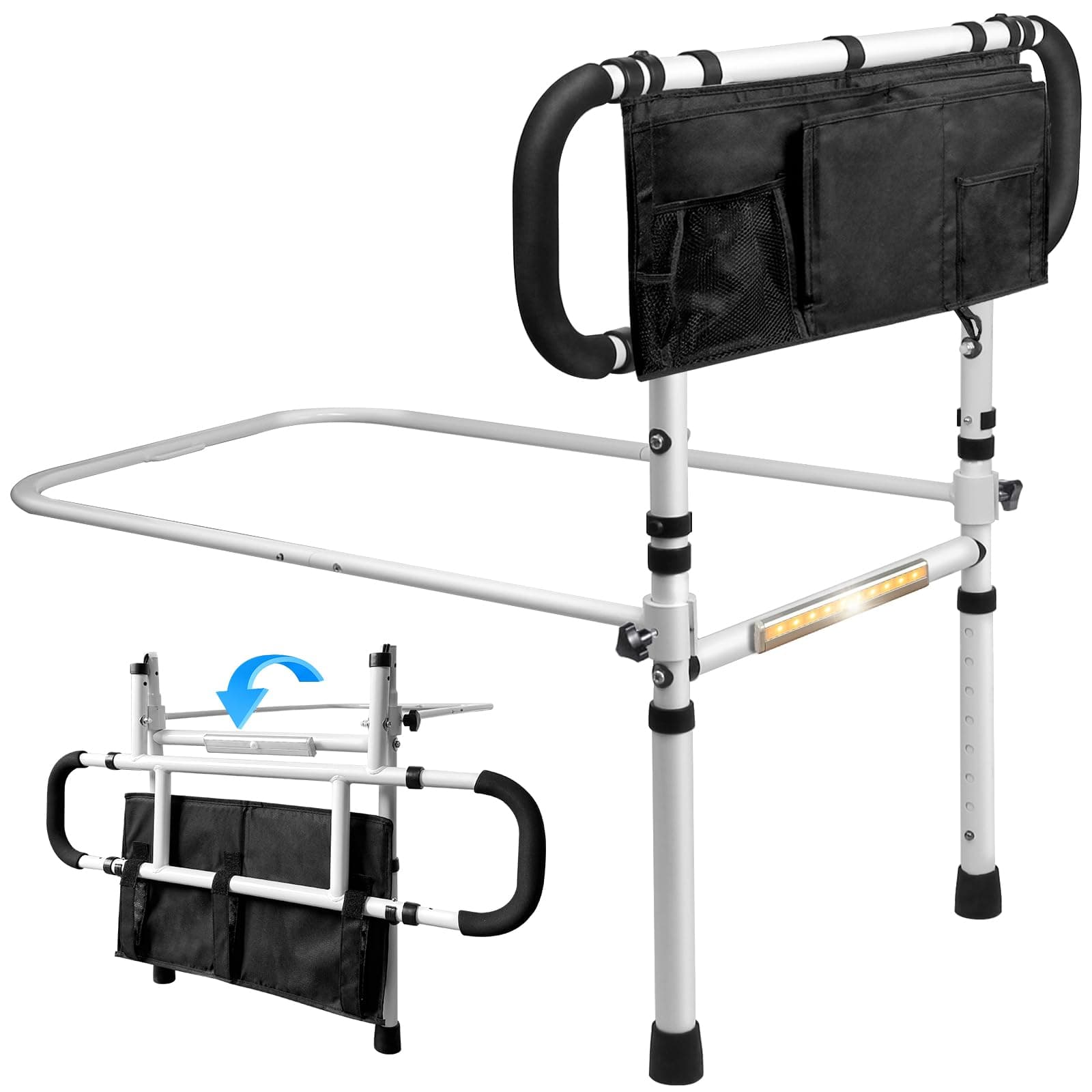 Bed Rails for Elderly Adults with Sensor Light, Adjustable Height & Extendable Bed Assist Rail, Folding Bed Grab Rail with Large Storage Pocket for Seniors, Heavy Duty Adult Bed Guard, 450LBS Capacity