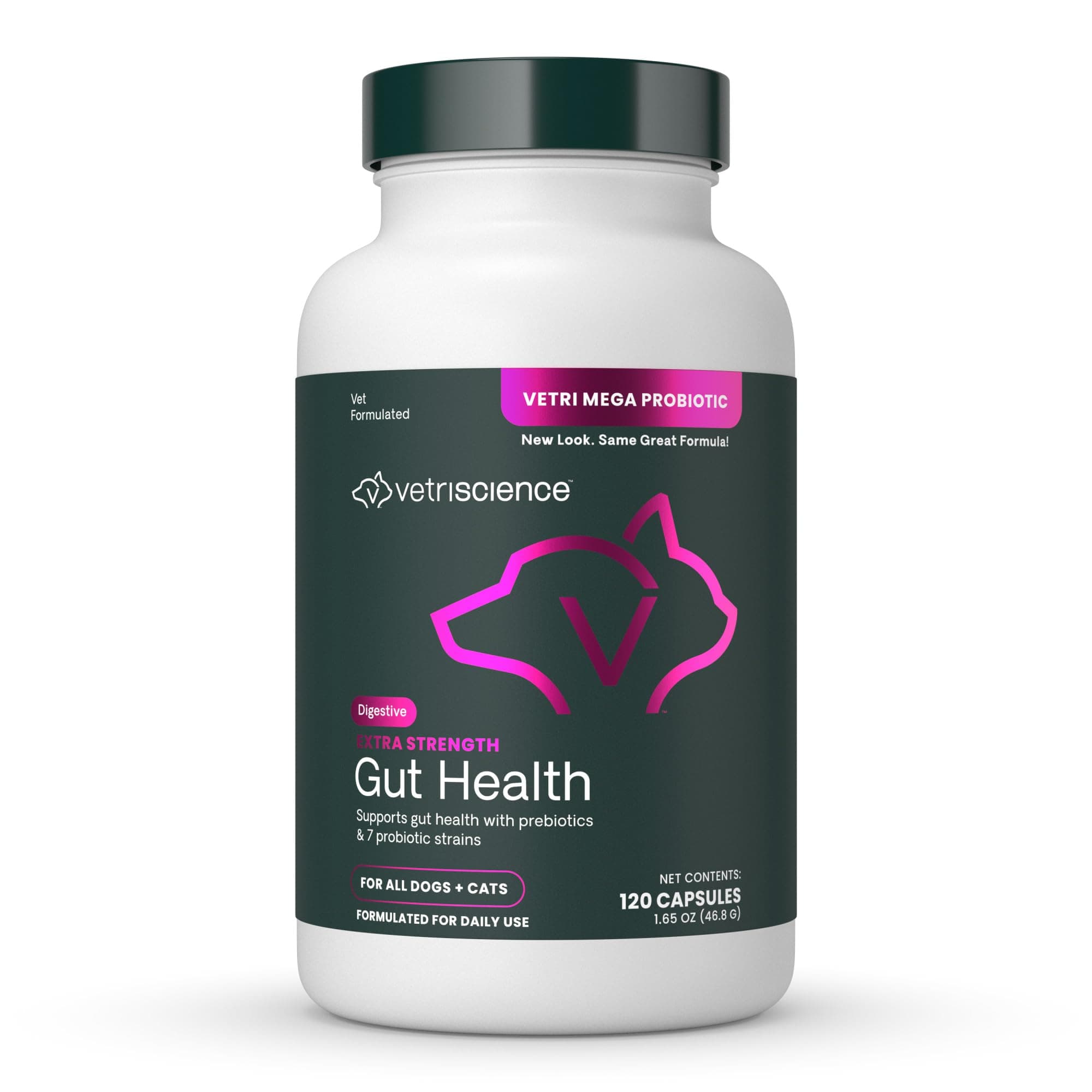 Extra Strength Gut Health Easy-Open Capsules, Mega Probiotic and Prebiotic Digestive Supplement for Dogs and Cats, for Diarrhea and Immune Support, 7.5 Billion CFU Per Capsule, 120 Count