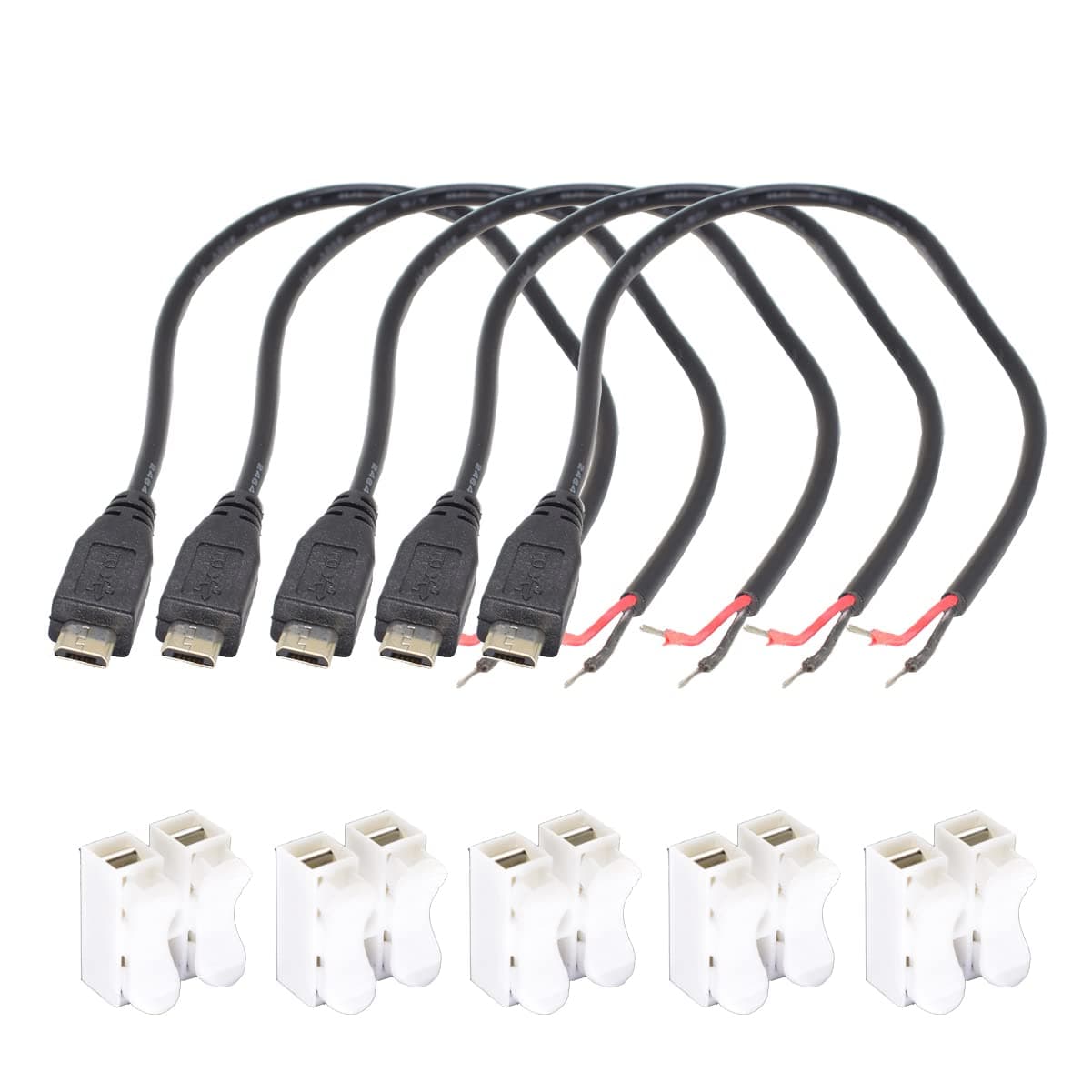 5PCS Micro USB Male to Open-end Cable - 30cm/12inch, 22AWG, 5V 3A DIY Power Charge Cable with Quick Wire Connector