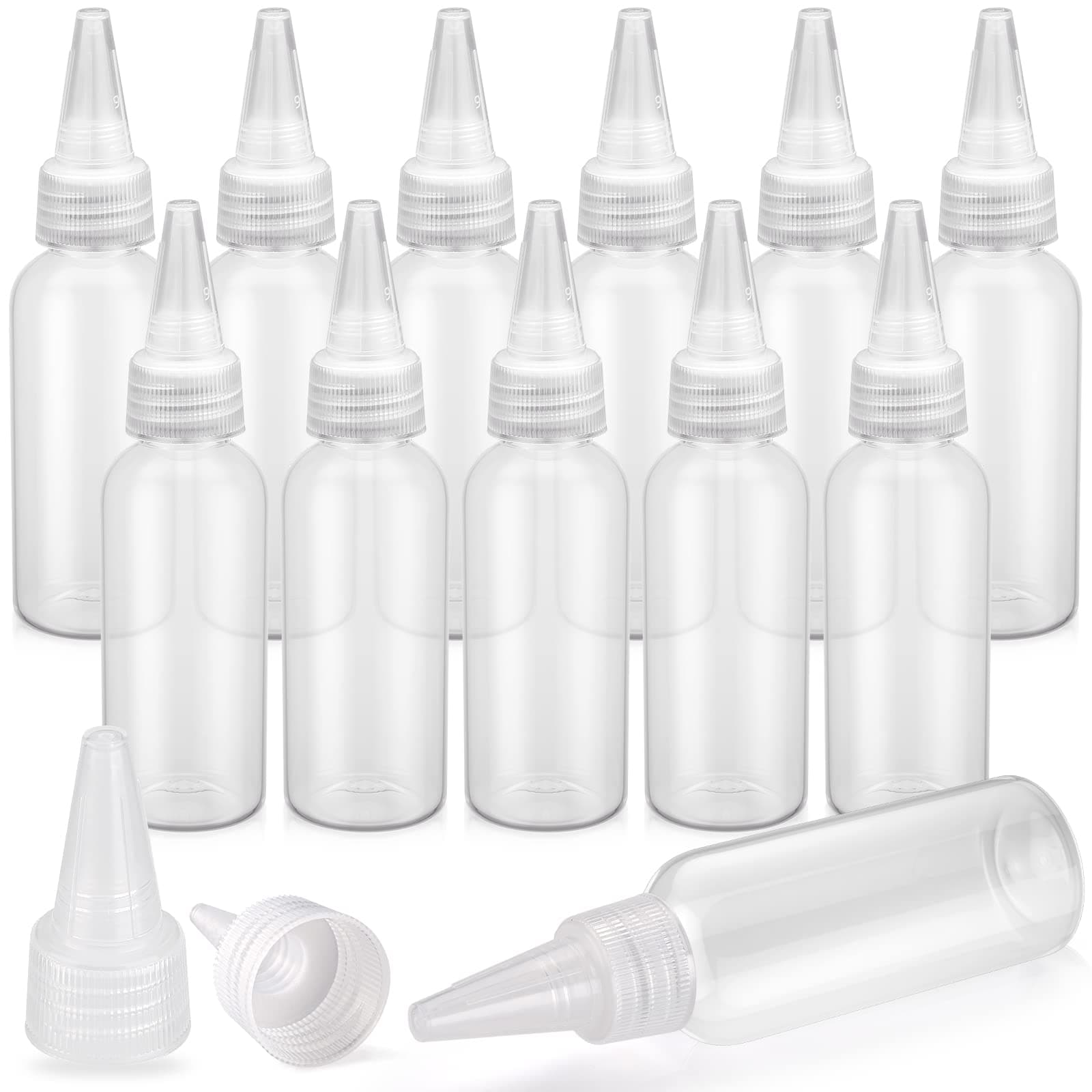 TOBWOLF 12 Pack 50ml 1.7oz PET Plastic Squeezing Bottles with Yorker Tips, Camping Condiments Containers Boston Dispensing Bottles w/Spout Cap, Empty Spice Squeeze Bottle for Liquids Oil Pigment Glue