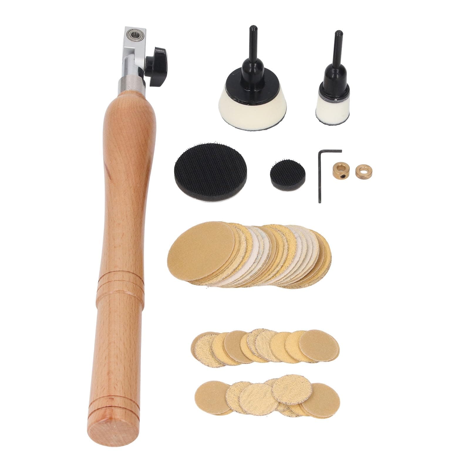 Bowl Sander Tool Kit, Wood Turning Lathe Sanding Tools Handheld Bowl Sander with Rotatable Spindle Head, Round Discs, Buffing Pads, 50 X Sandpapers, Wrench