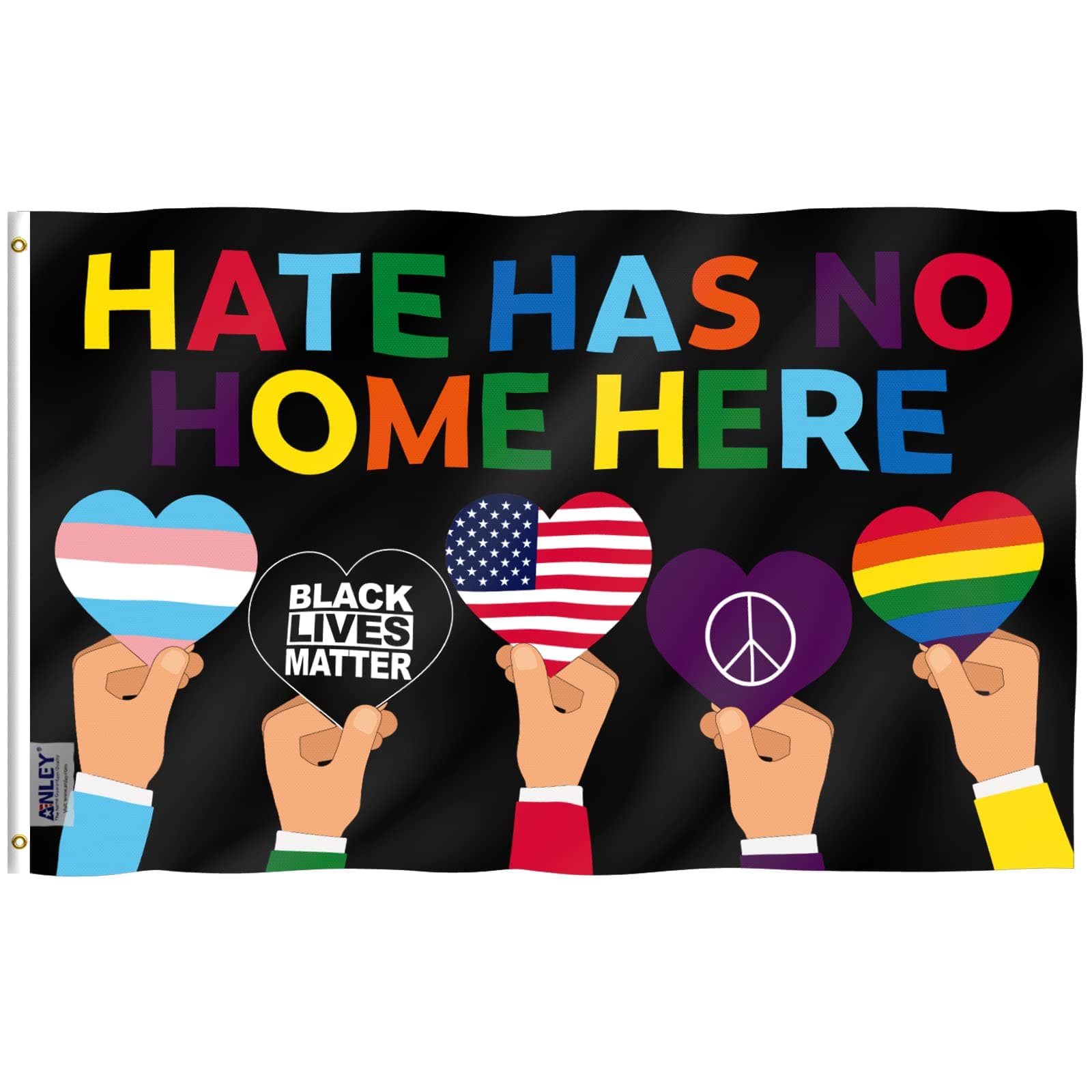 Anley Fly Breeze 3x5 Foot Hate Has No Home Here Flag - Vivid Color and Fade Proof - Canvas Header and Double Stitched - Human Rights LGBTQ BLM Flags Polyester with Brass Grommets 3 X 5 Ft