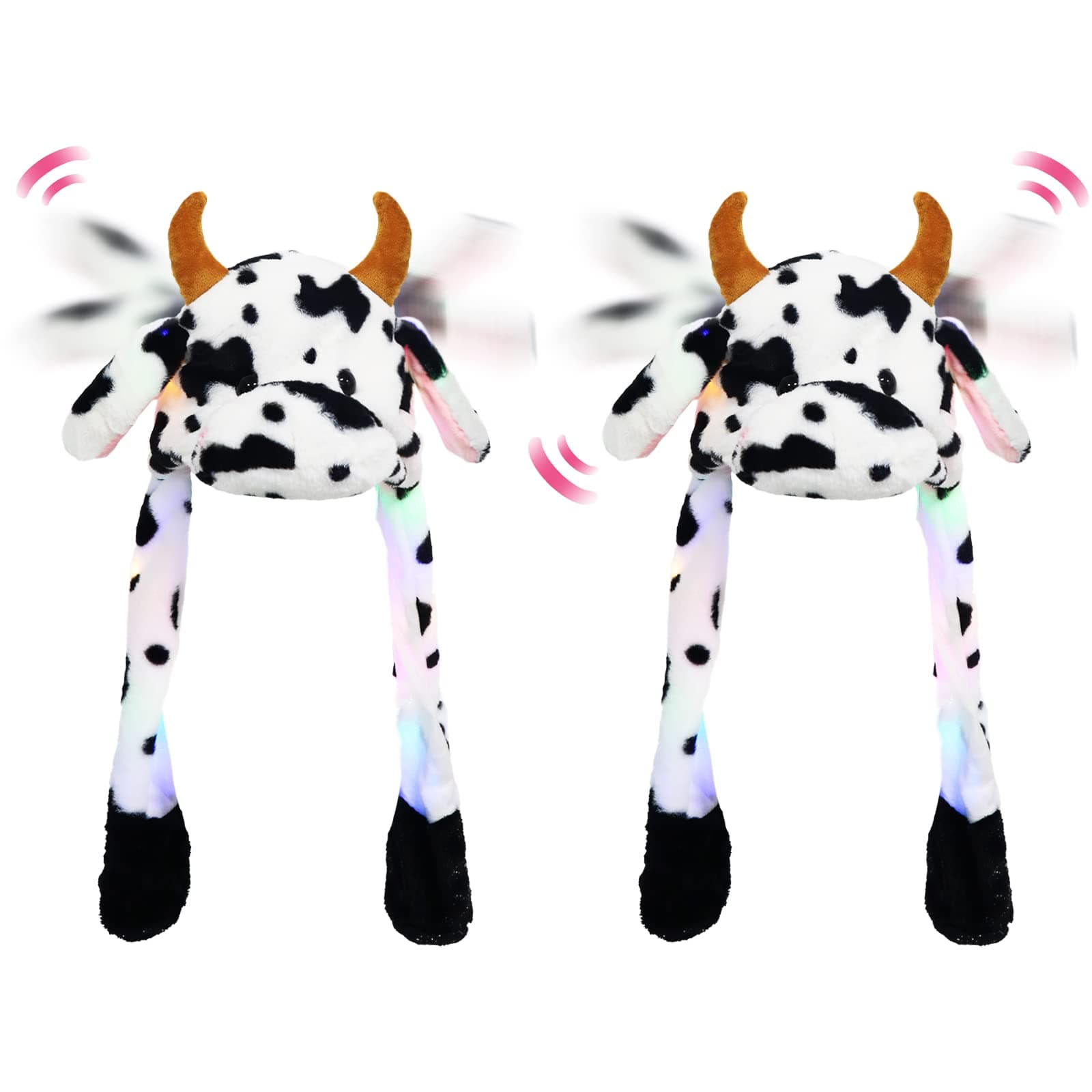 Whaline2 Pack Cow Plush Hat with LED Light Short Plush Animal Shape Cap with Moving Ears Soft Black White Cow Pressing Pop Up Hat Jumping Cartoon Hat for Festival Cosplay Holiday Boys Girls Adults
