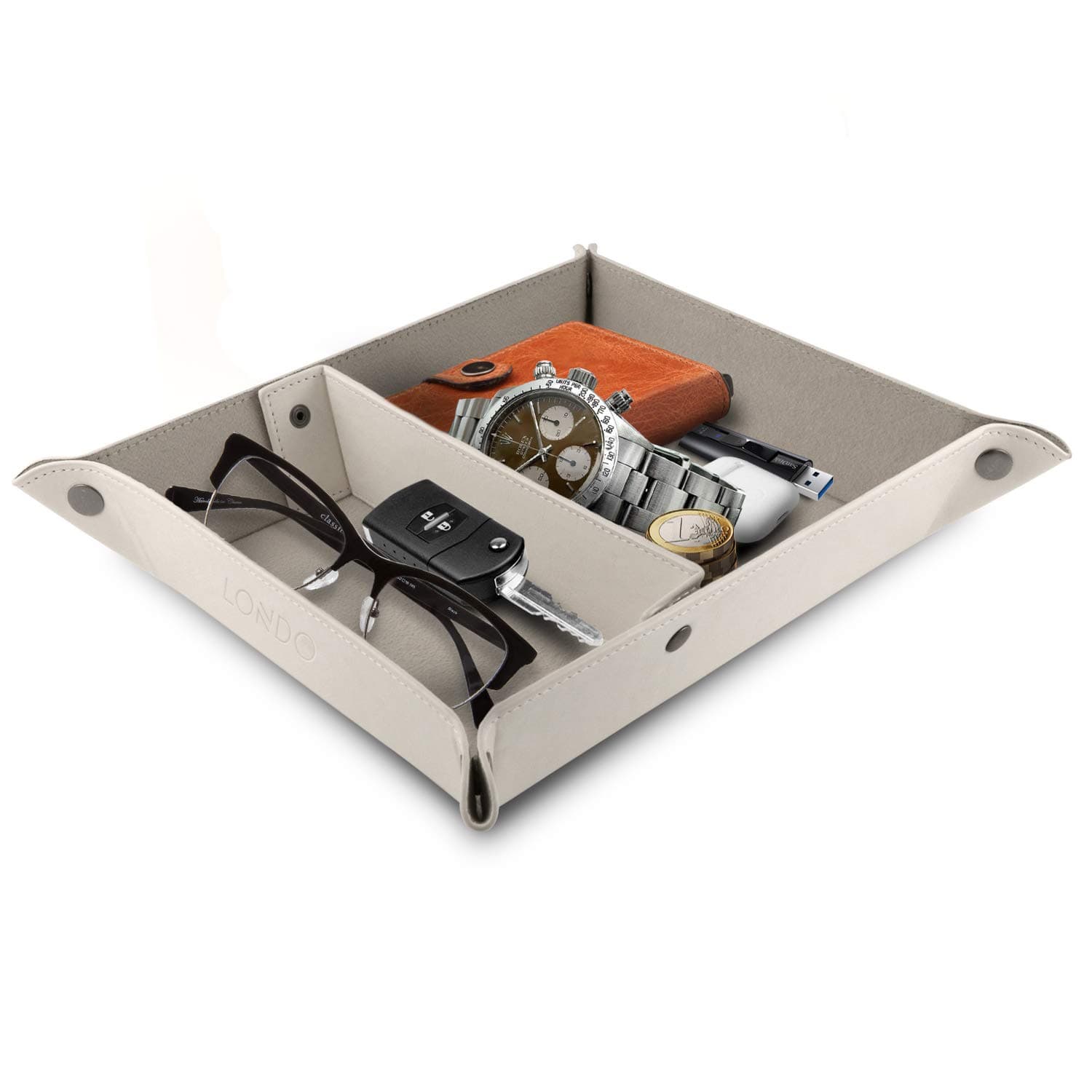 Londo - Leather Tray Organizer - Practical Storage Box For Wallets, Watches, Keys, Coins, Cell Phones And Office Equipment (White) (Otto312), one size