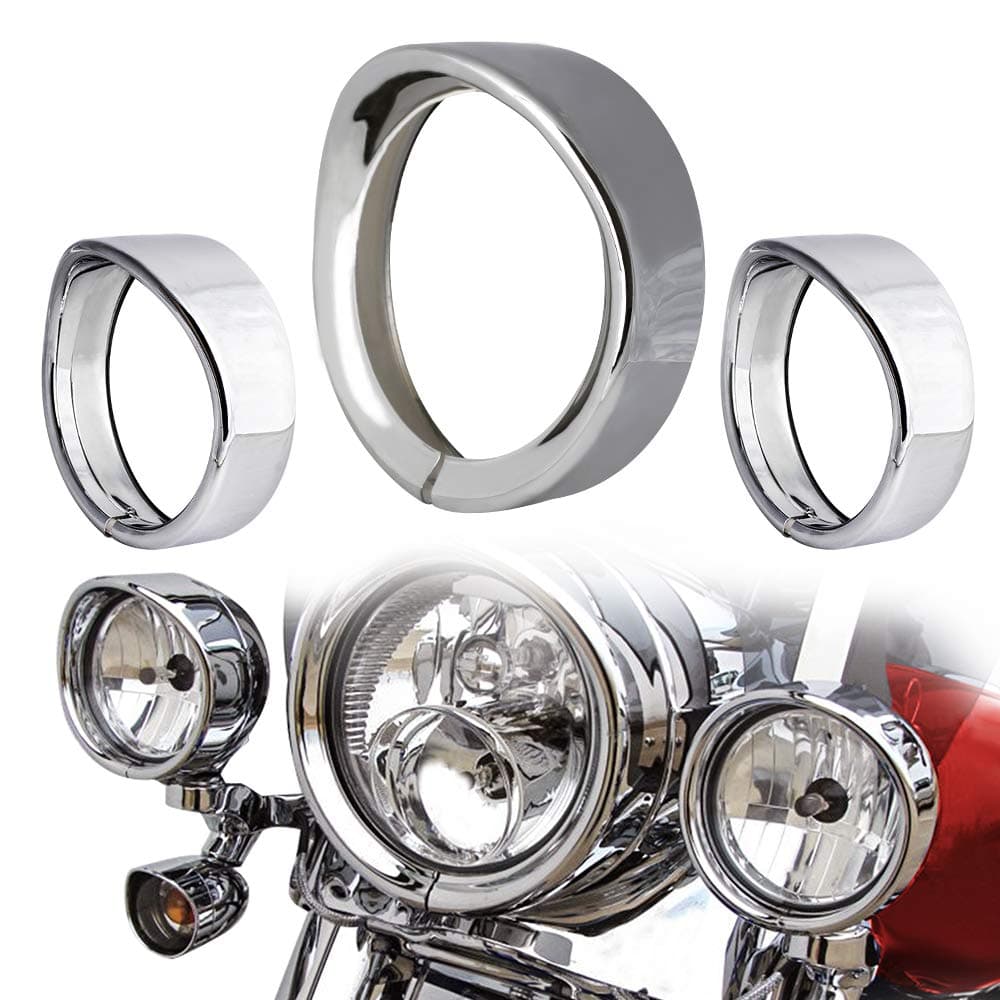 Chrome Motorcycle Lights Frenched Ring Kit Compatible with Harley, 7" Headlight Trim Ring Decorate Visor + 4 1/2" Fog Light Trim Ring Decorate Visor(Chrome)