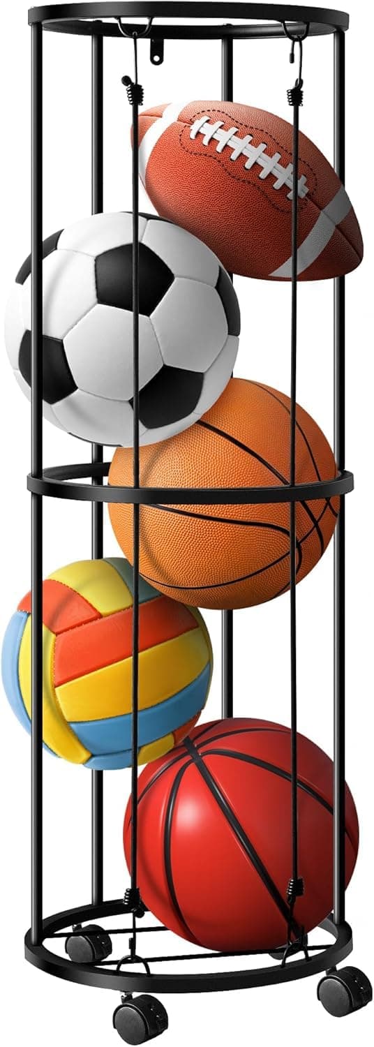 INDIDECOR 57165 Space Saving Vertical Ball Racks- 40x13.2 Inch Rolling Basketball Holder Wall Mount-Garage Sports Ball Storage for Indoor Rooms and Gyms - Black